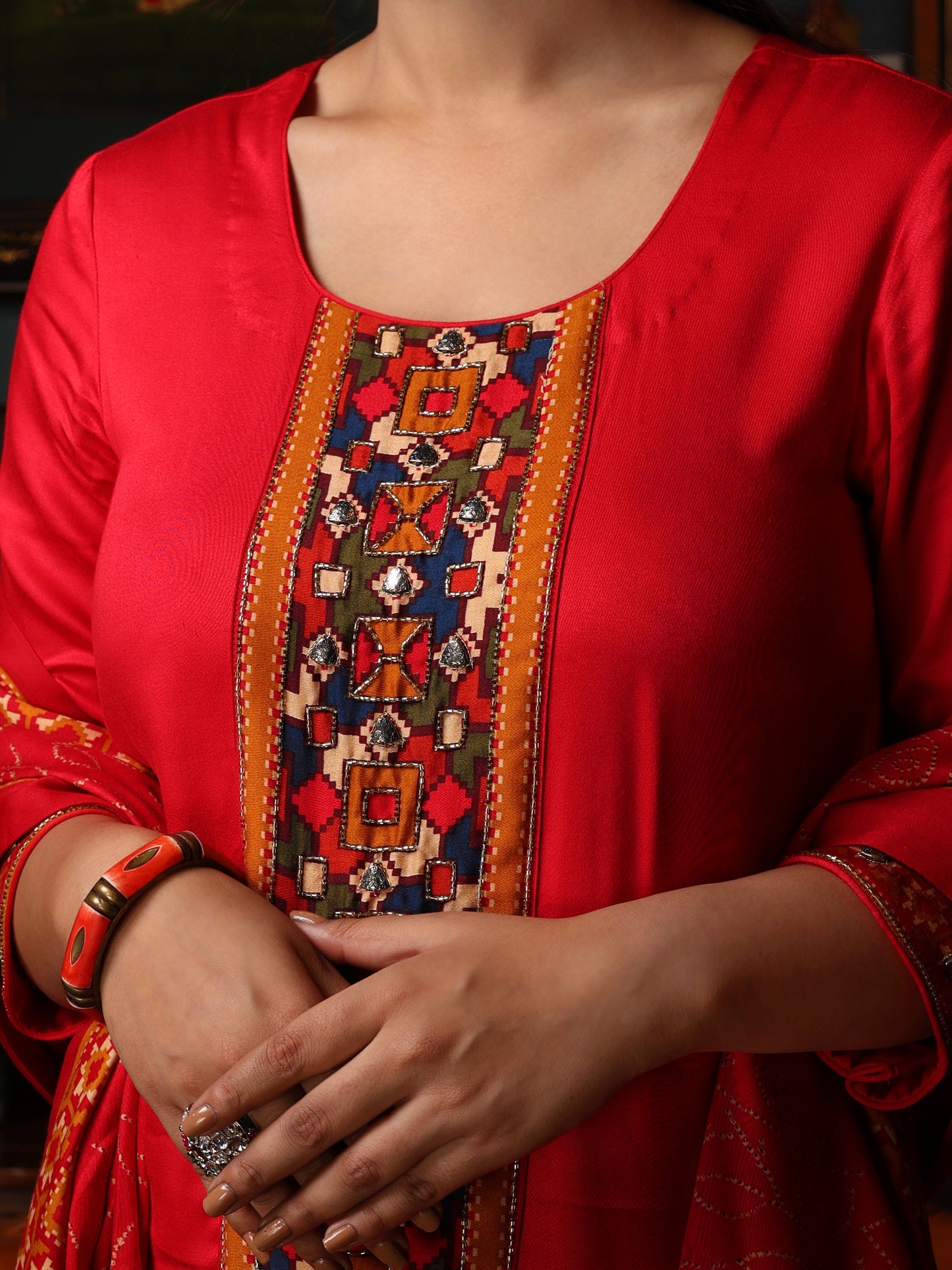 KURTA SET FEATURING HAND-EMBROIDERED FRONT, SLEEVES, AND DUPATTA-RED