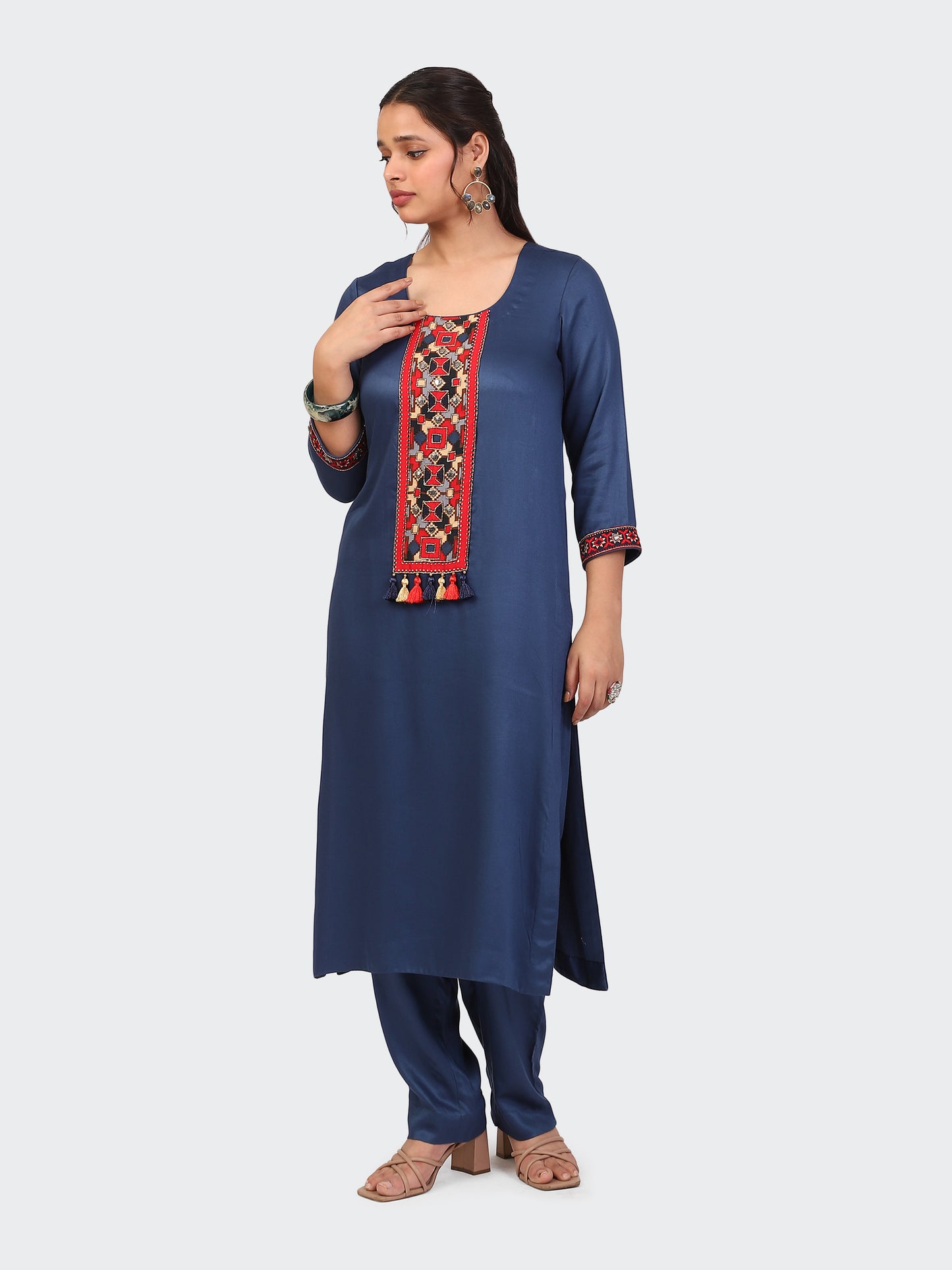KURTA SET FEATURING HAND-EMBROIDERED FRONT, SLEEVES, AND DUPATTA-BLUE