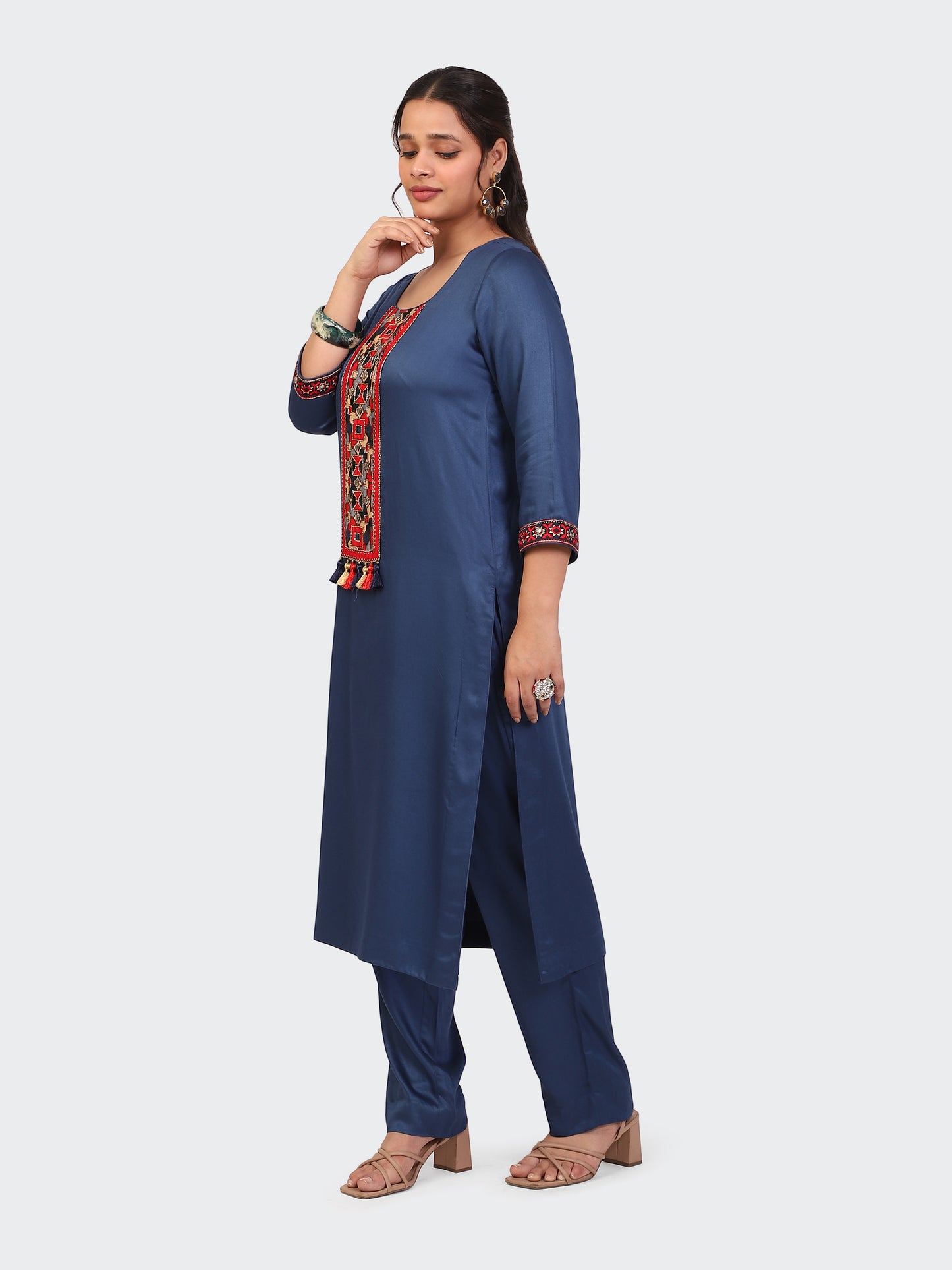 KURTA SET FEATURING HAND-EMBROIDERED FRONT, SLEEVES, AND DUPATTA-BLUE