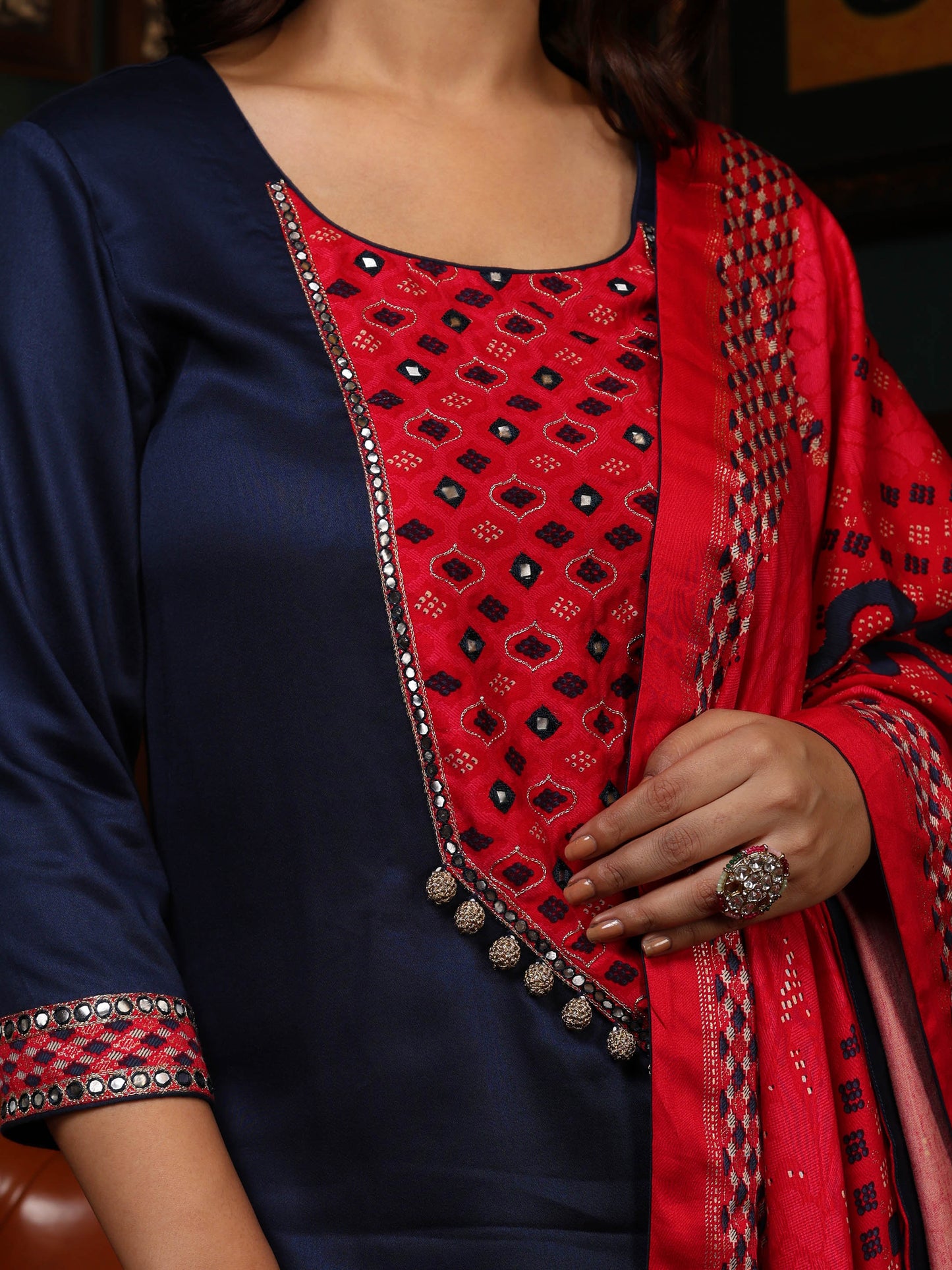 KURTA SET FEATURING HAND-EMBROIDERED FRONT, SLEEVES, AND DUPATTA-NAVY