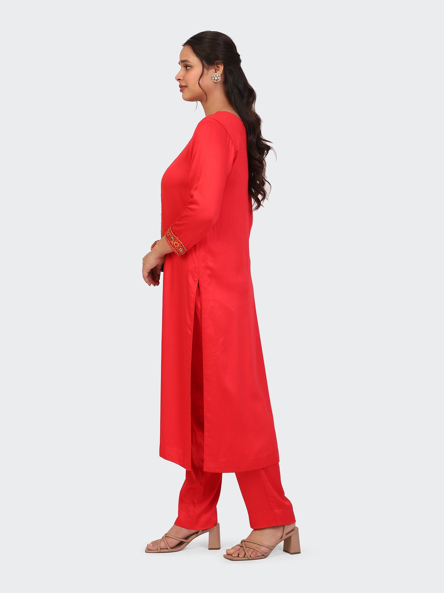 KURTA SET FEATURING HAND-EMBROIDERED FRONT, SLEEVES, AND DUPATTA-RED