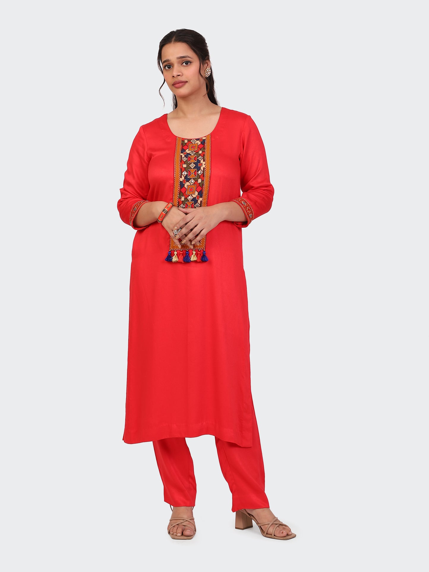 KURTA SET FEATURING HAND-EMBROIDERED FRONT, SLEEVES, AND DUPATTA-RED