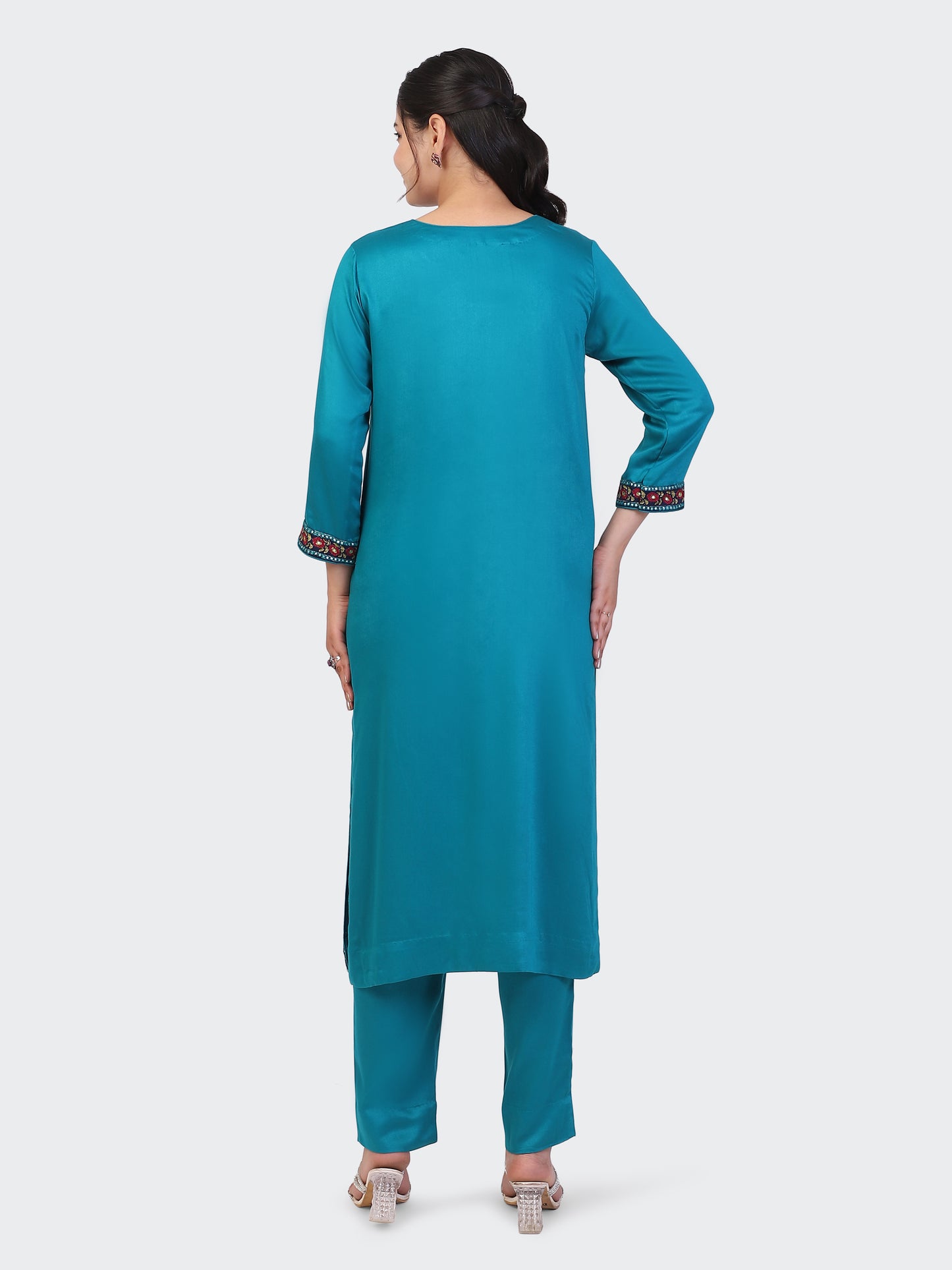 KURTA SET FEATURING HAND-EMBROIDERED FRONT, SLEEVES, DUPATTA WITH TASSELS-TURQUOISE