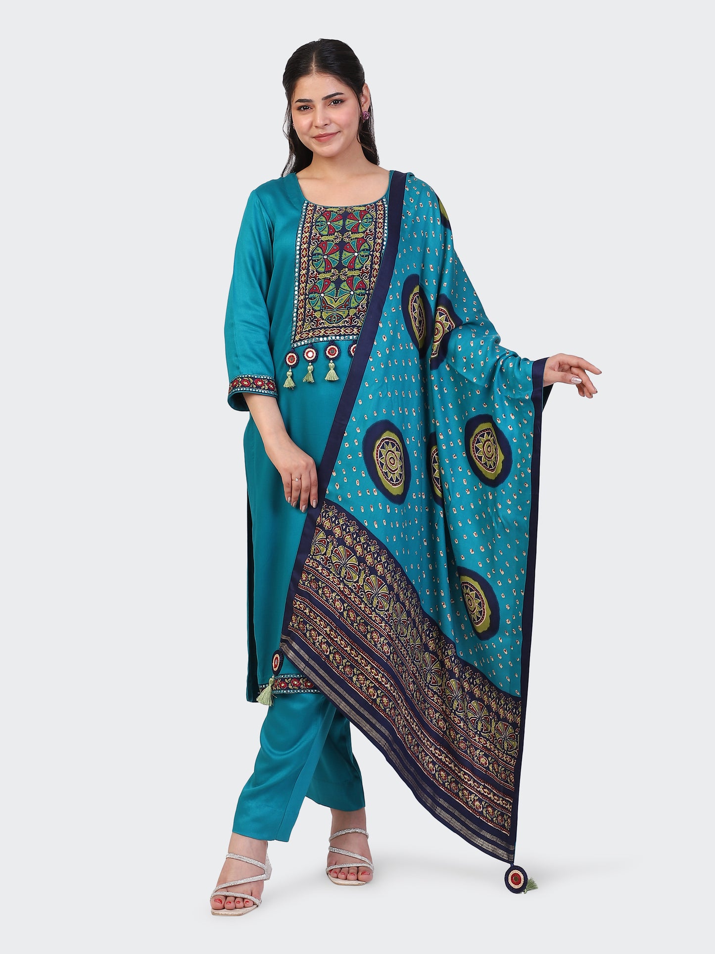 KURTA SET FEATURING HAND-EMBROIDERED FRONT, SLEEVES, DUPATTA WITH TASSELS-TURQUOISE