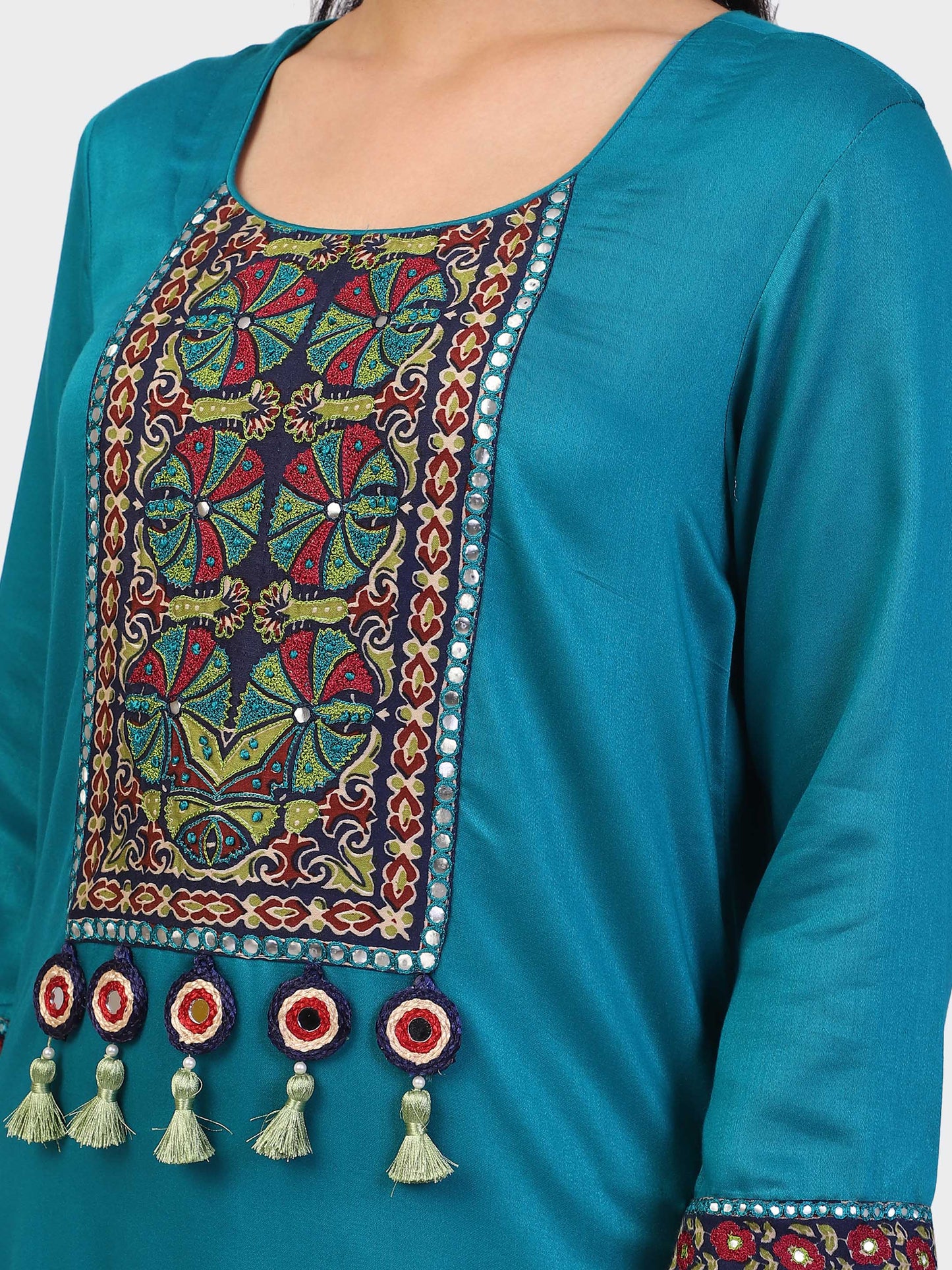 KURTA SET FEATURING HAND-EMBROIDERED FRONT, SLEEVES, DUPATTA WITH TASSELS-TURQUOISE