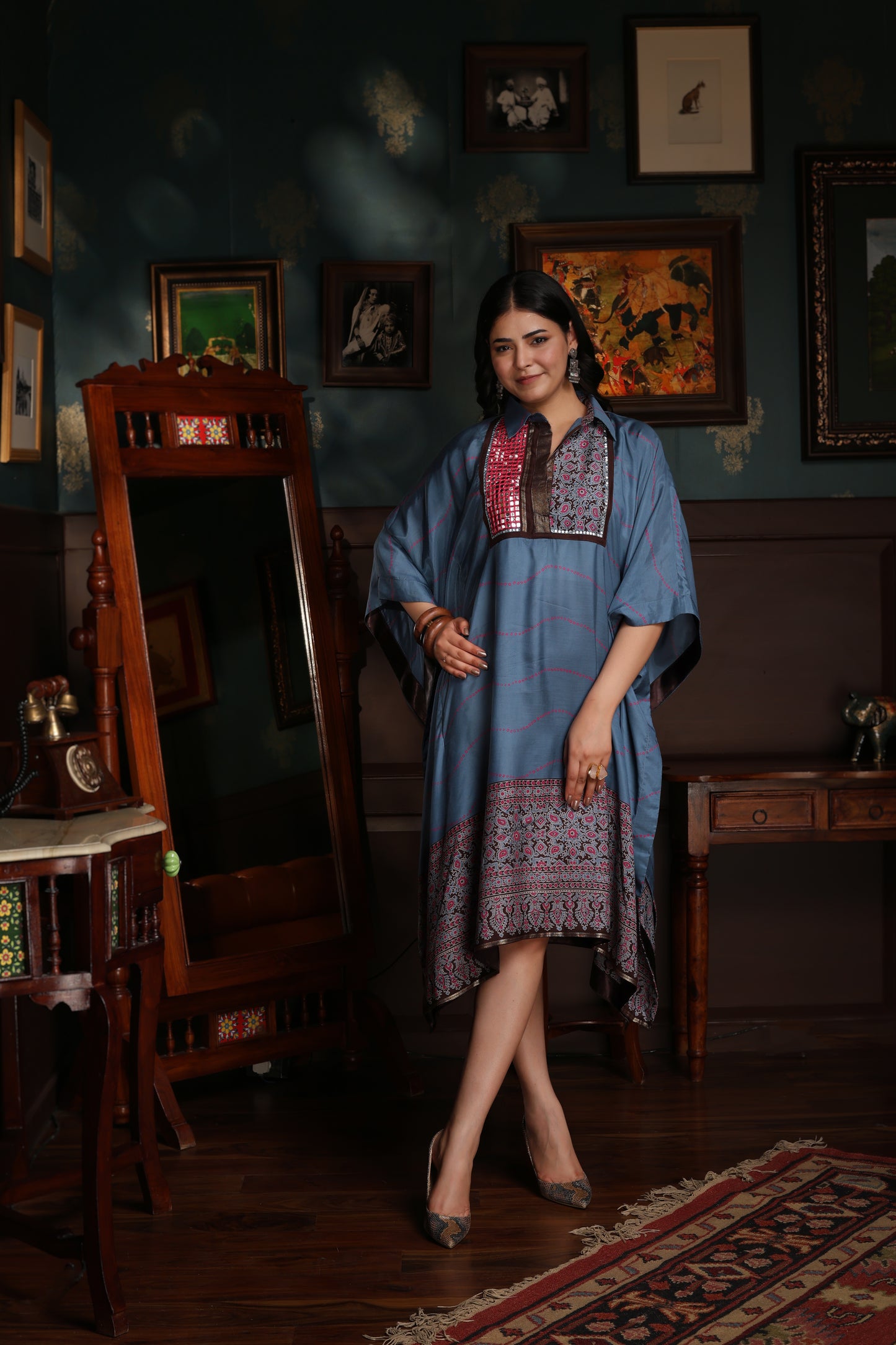 KAFTAN DRESS FEATURING MIRROR WORK EMBROIDERED FRONT-TURQUOISE
