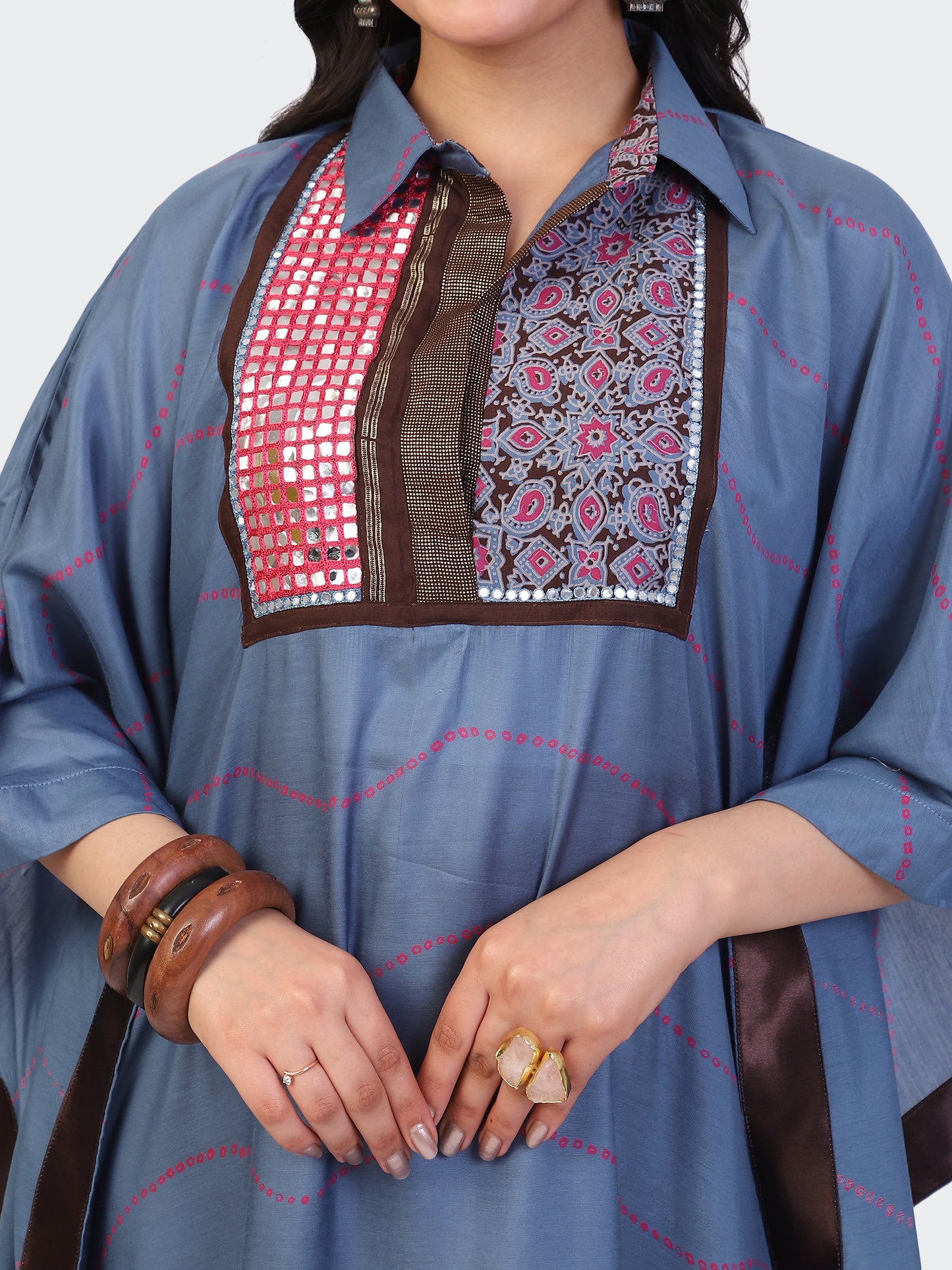 KAFTAN DRESS FEATURING MIRROR WORK EMBROIDERED FRONT-TURQUOISE