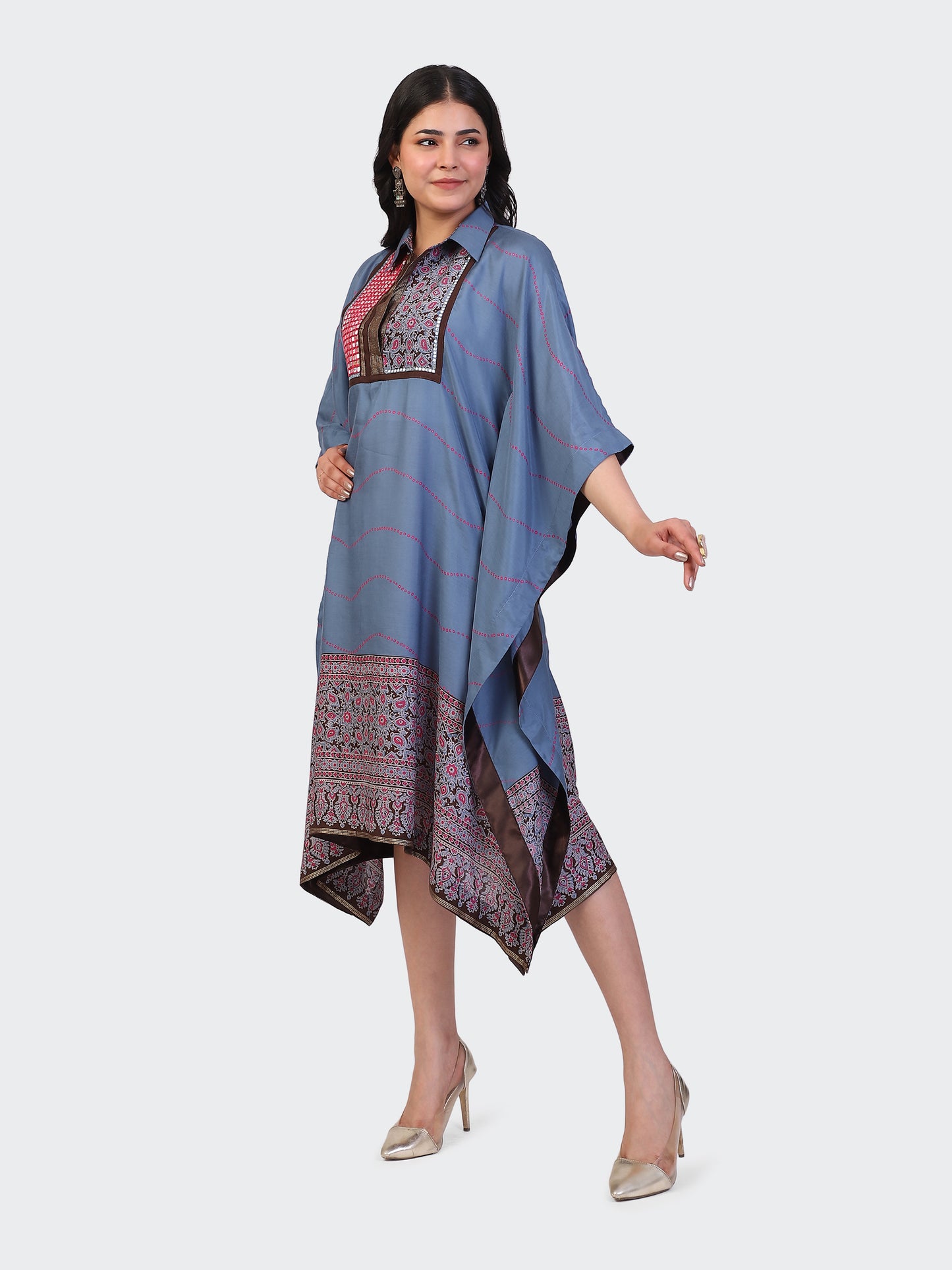 KAFTAN DRESS FEATURING MIRROR WORK EMBROIDERED FRONT-TURQUOISE