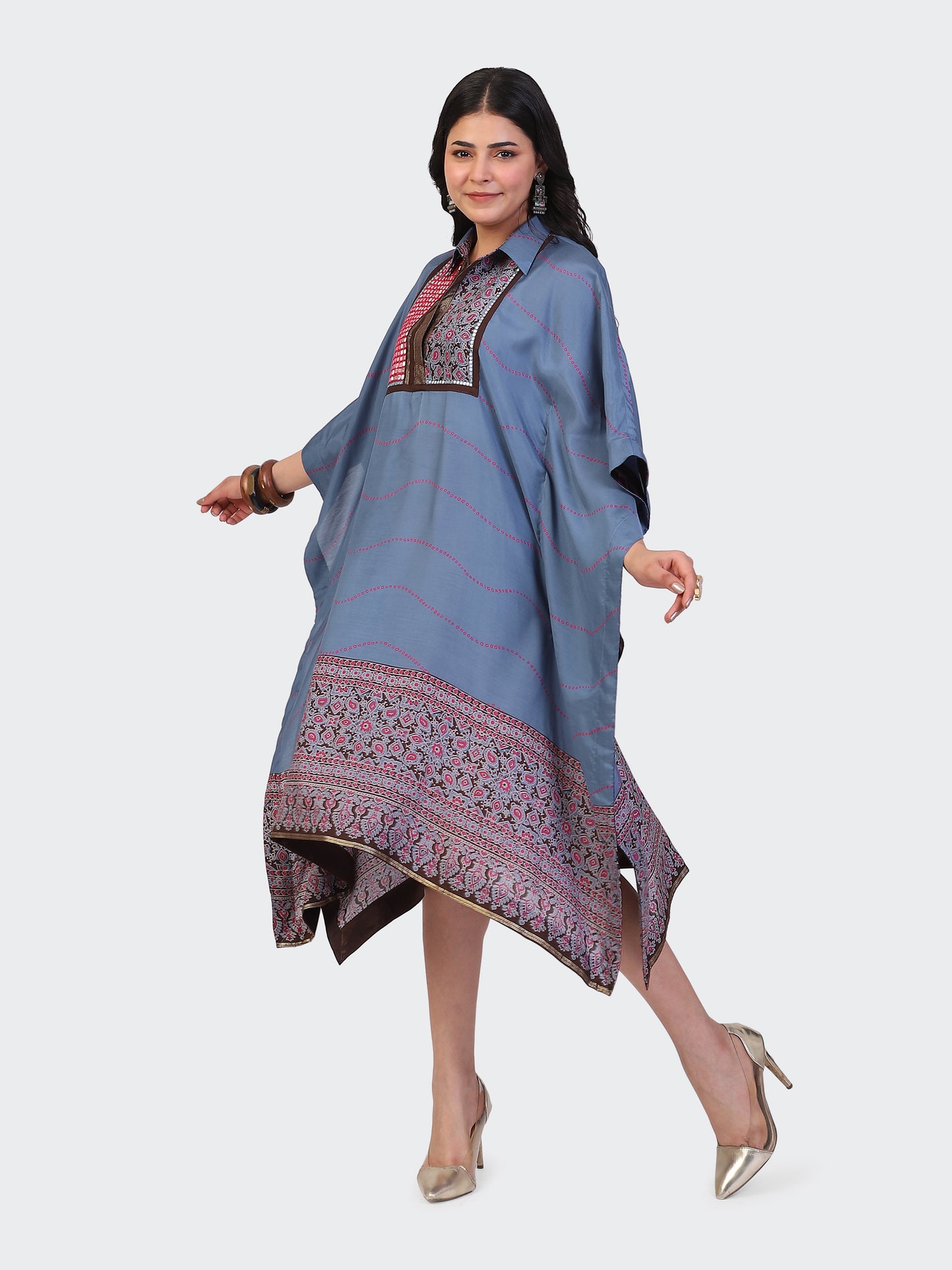 KAFTAN DRESS FEATURING MIRROR WORK EMBROIDERED FRONT-TURQUOISE