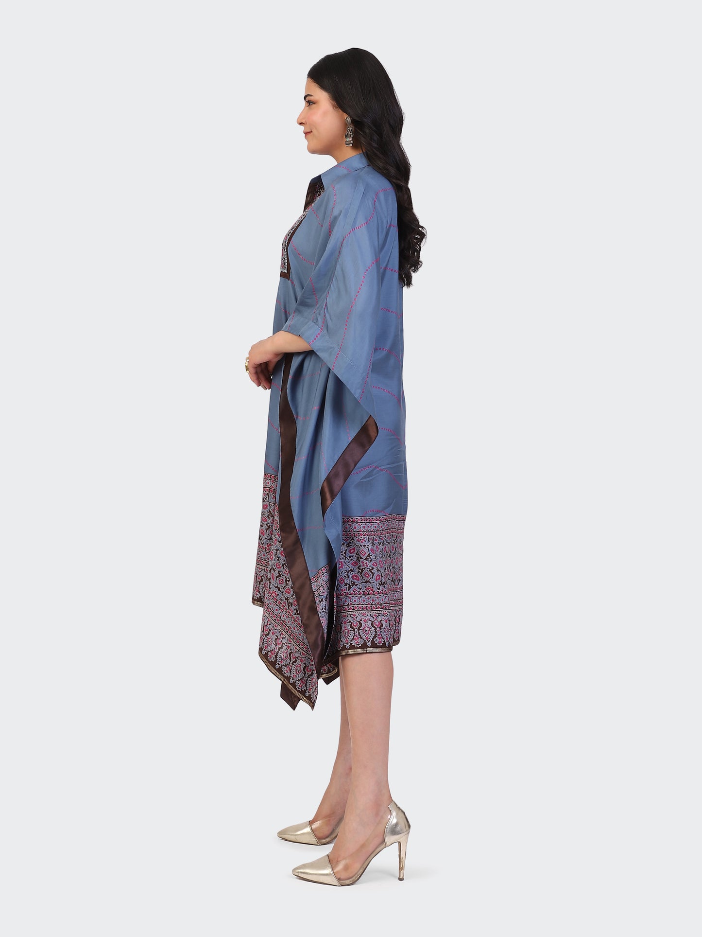 KAFTAN DRESS FEATURING MIRROR WORK EMBROIDERED FRONT-TURQUOISE