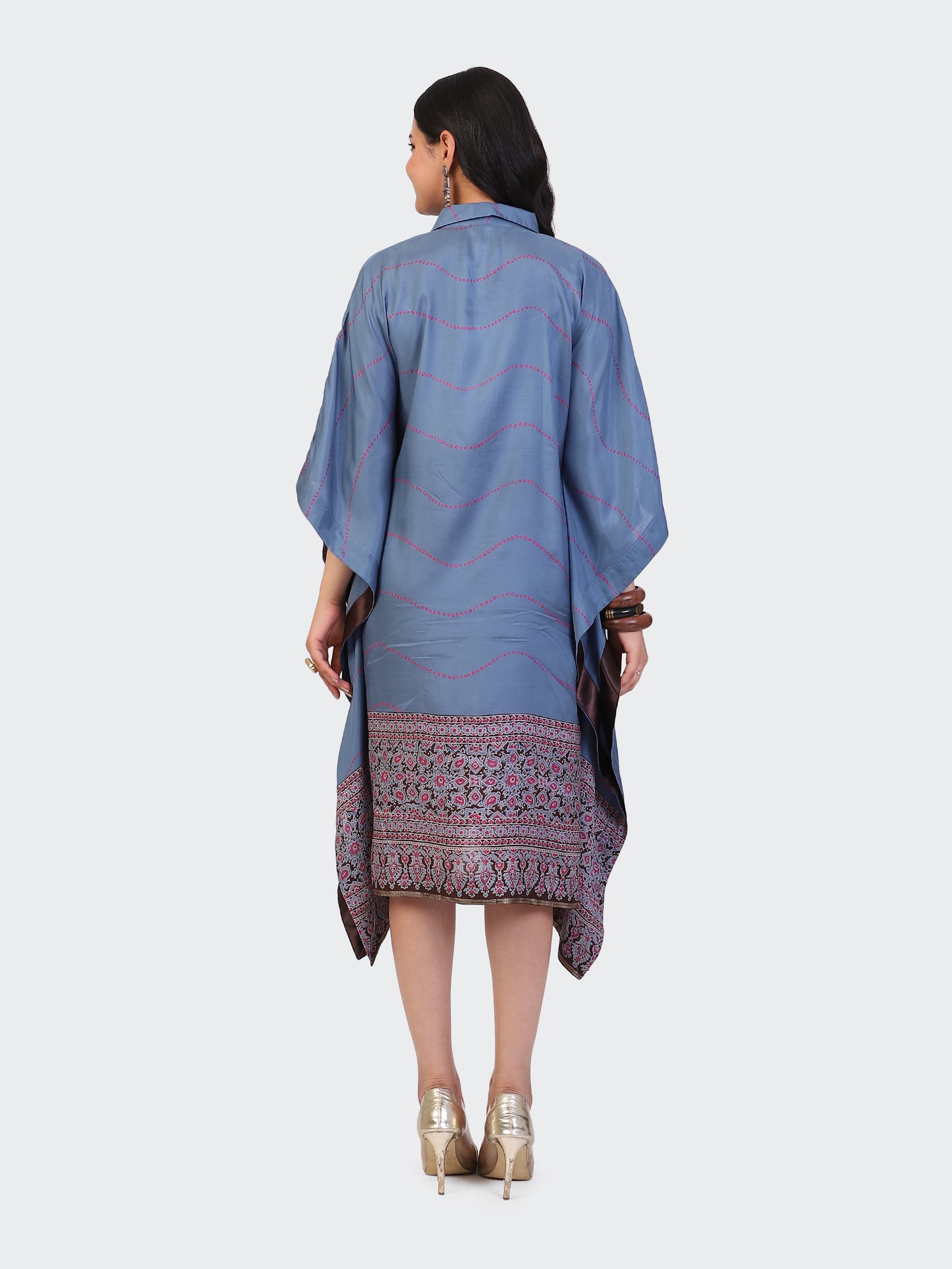 KAFTAN DRESS FEATURING MIRROR WORK EMBROIDERED FRONT-TURQUOISE