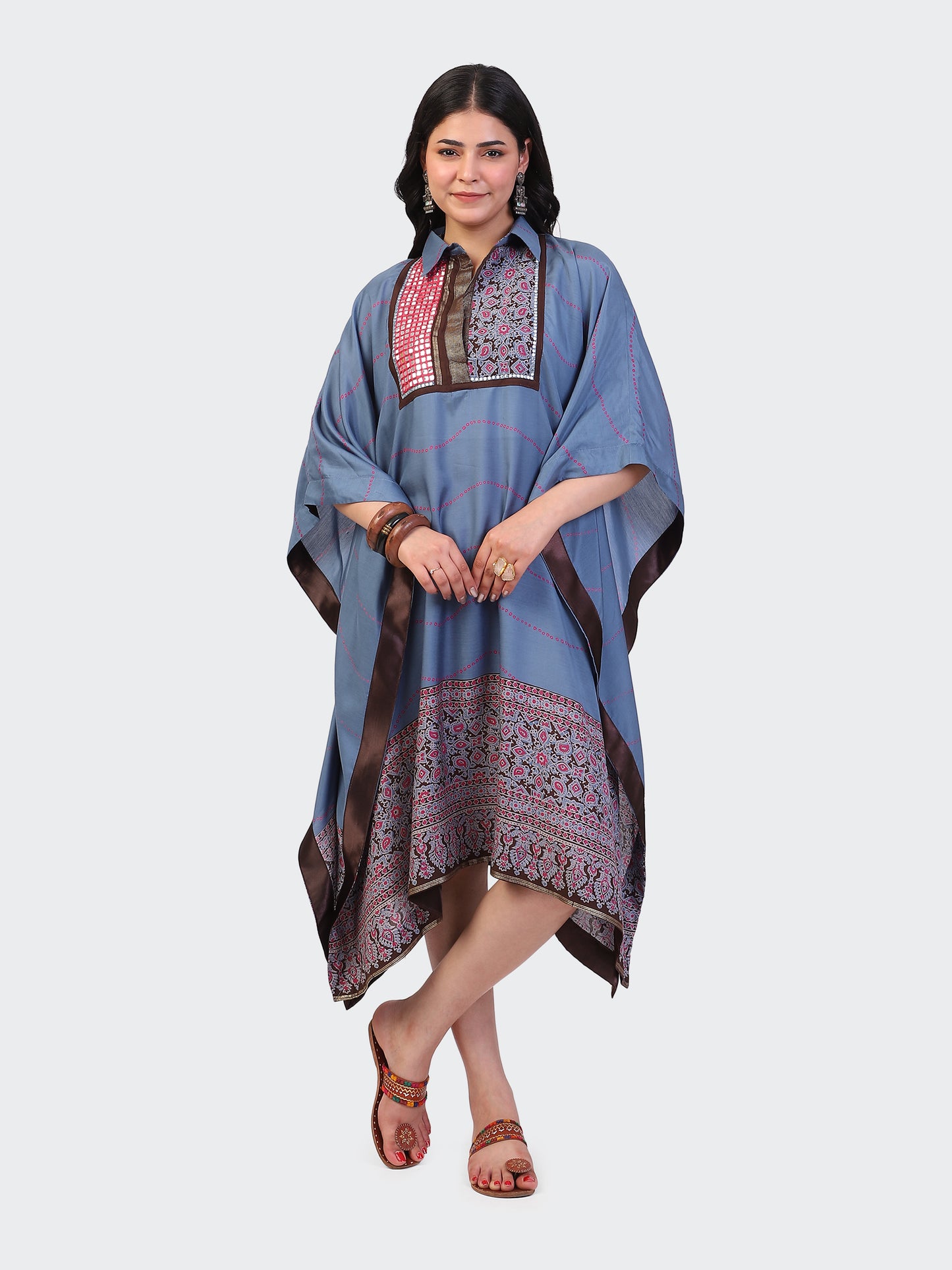 KAFTAN DRESS FEATURING MIRROR WORK EMBROIDERED FRONT-TURQUOISE