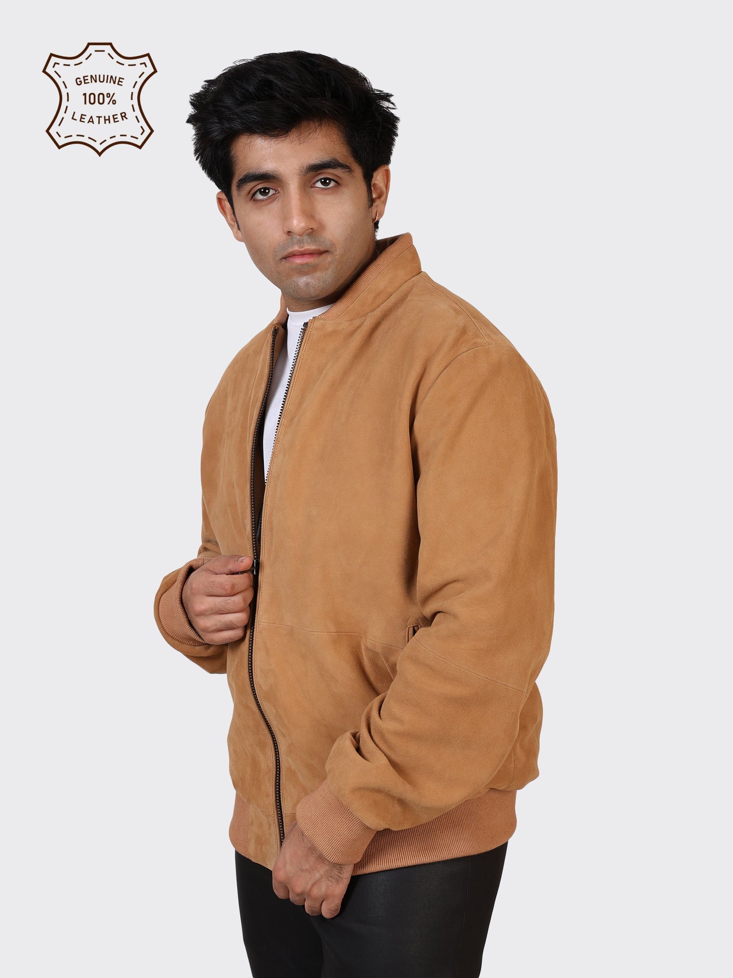 MENS COLLEGE SUEDE LEATHER JACKET-SAND