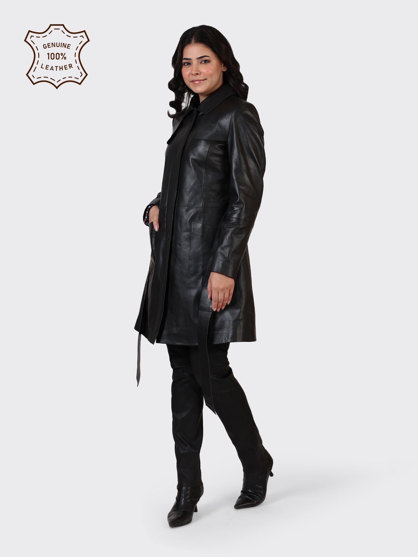 LADIES KNEE-LENGTH LEATHER JACKET-BLACK