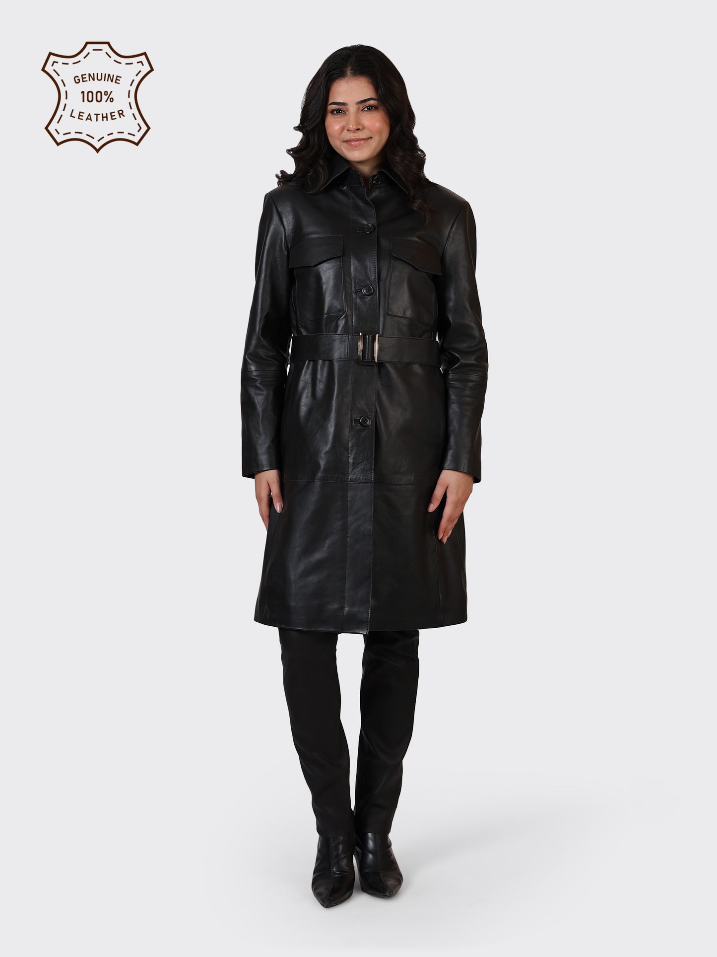 LADIES KNEE-LENGTH LEATHER JACKET-BLACK
