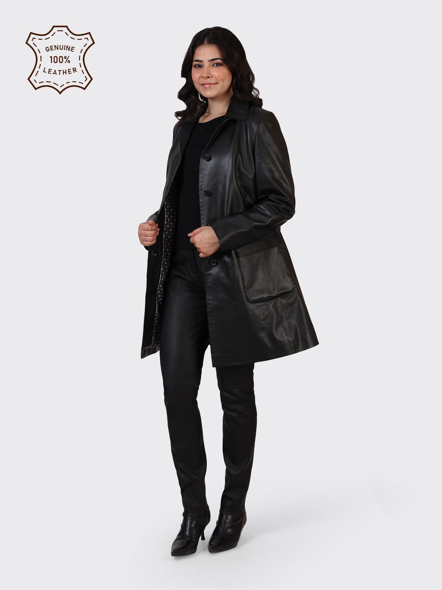 LADIES KNEE-LENGTH LEATHER JACKET-BLACK