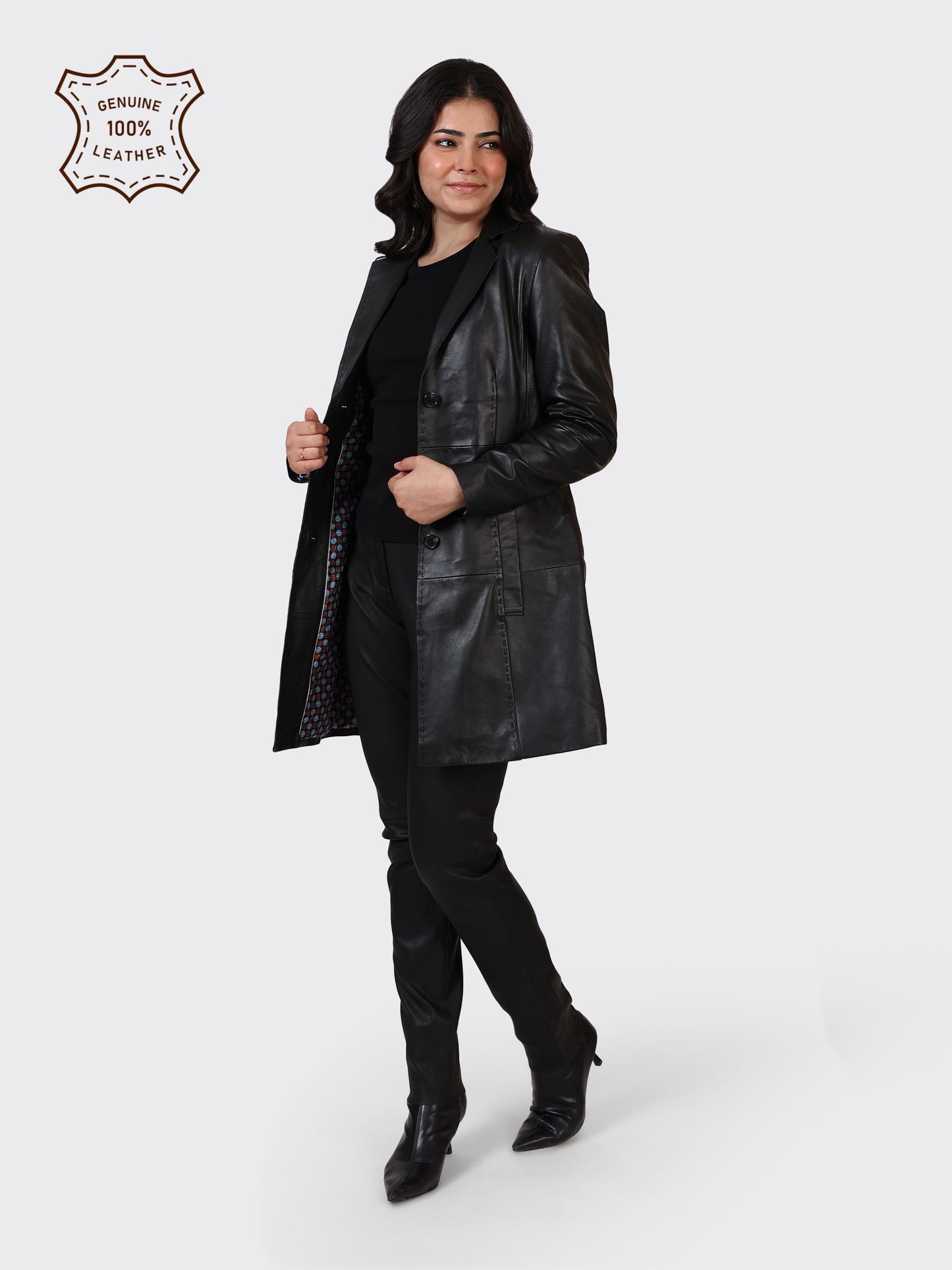 LADIES KNEE-LENGTH LEATHER JACKET-BLACK