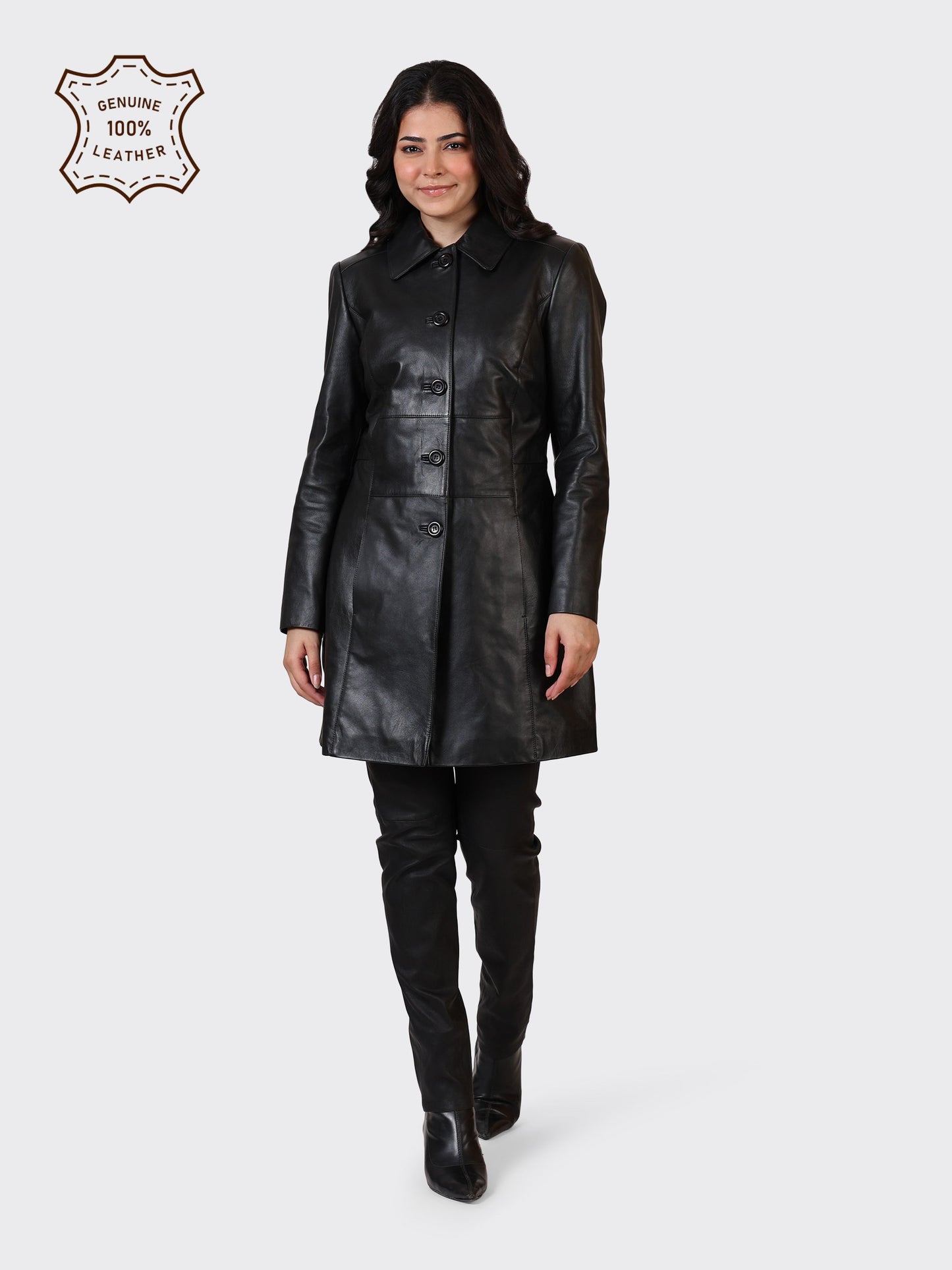 LADIES KNEE-LENGTH LEATHER JACKET-BLACK