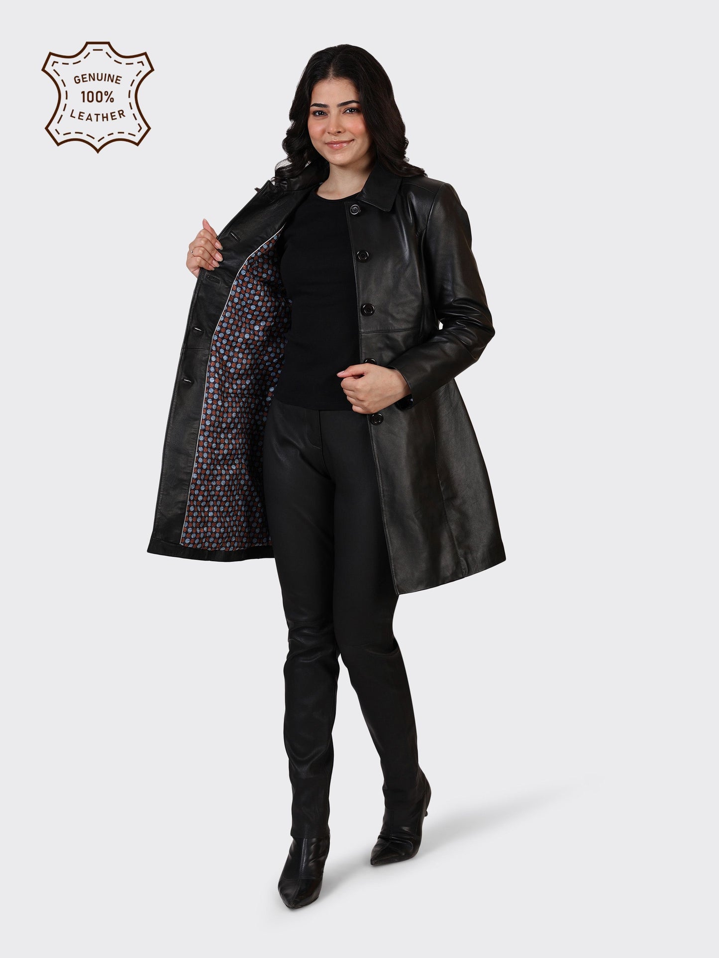 LADIES KNEE-LENGTH LEATHER JACKET-BLACK