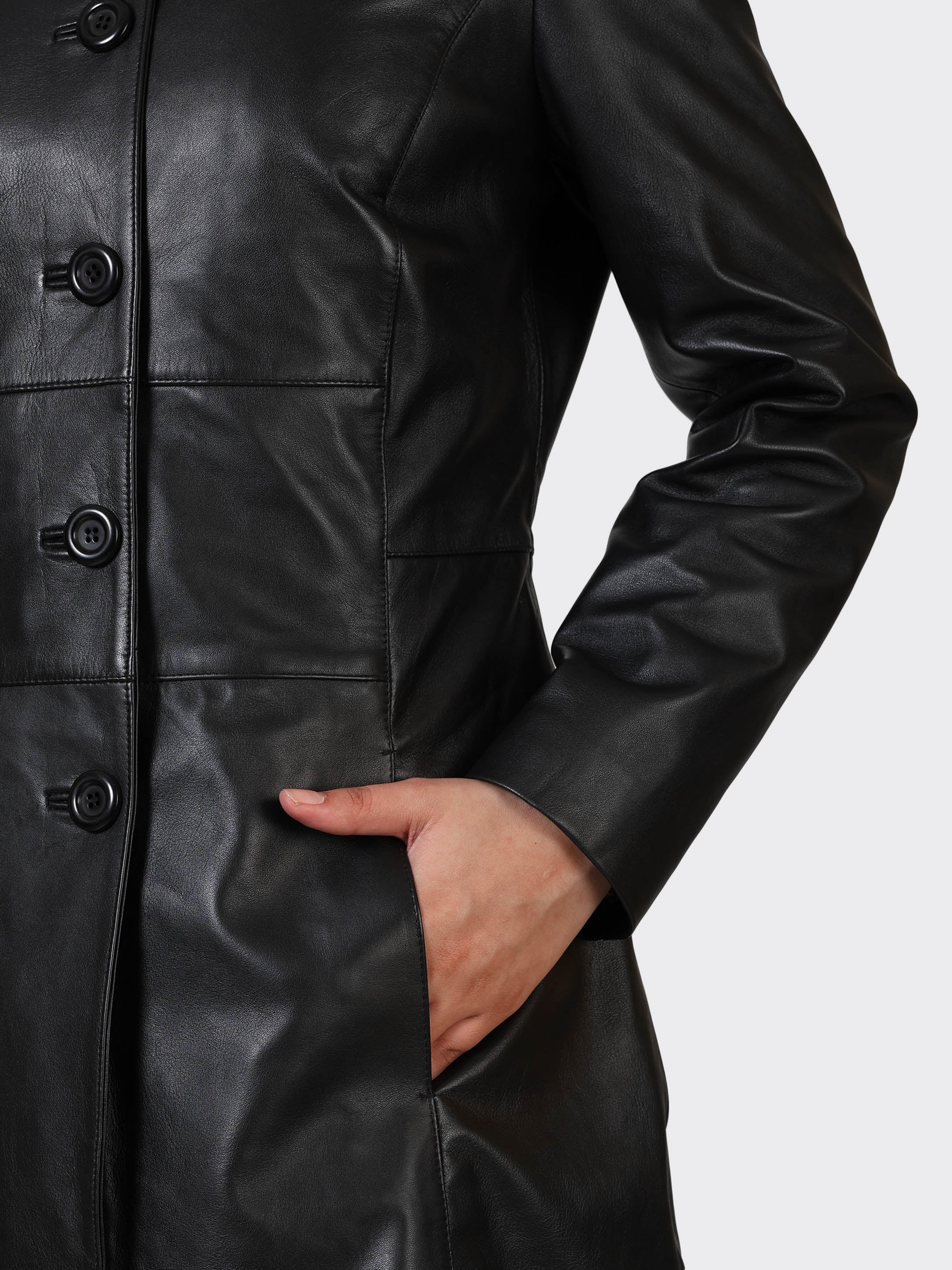 LADIES KNEE-LENGTH LEATHER JACKET-BLACK