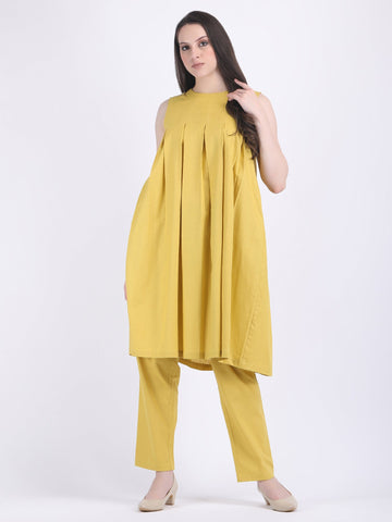 COTTON FLEX COMFORT WEAR BOX PLEATED DRESS CUM KURTA SET WITH STRAIGHT PANTS IN LEMON CURRY