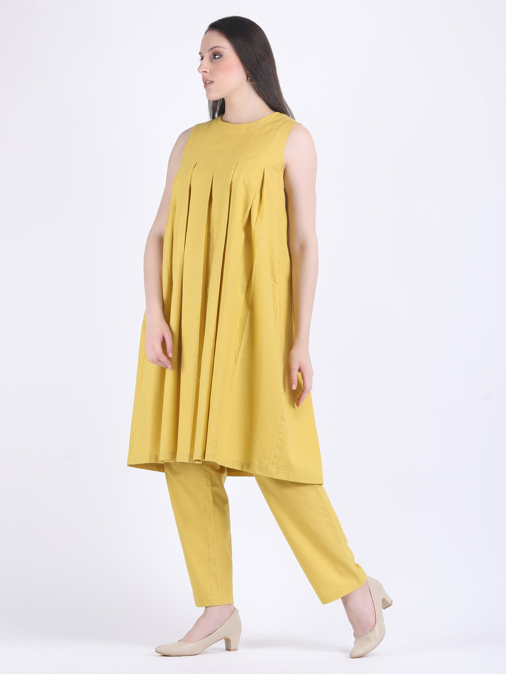 COTTON FLEX COMFORT WEAR BOX PLEATED DRESS CUM KURTA SET WITH STRAIGHT PANTS IN LEMON CURRY