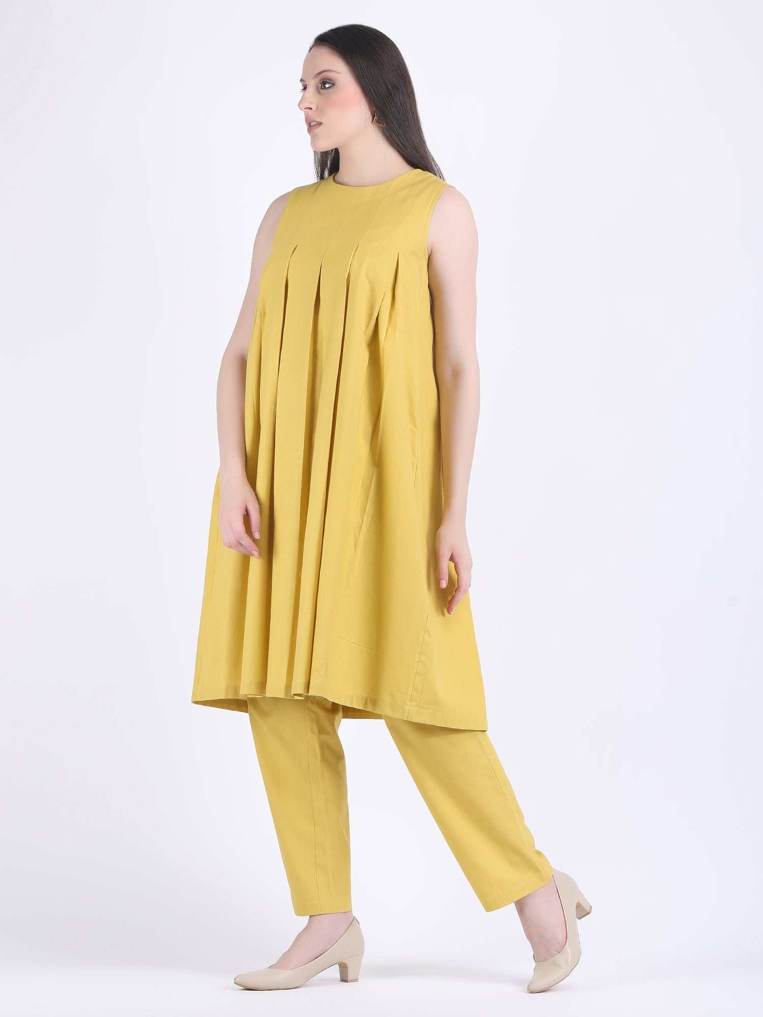 COTTON FLEX COMFORT WEAR BOX PLEATED DRESS CUM KURTA SET WITH STRAIGHT PANTS IN LEMON CURRY