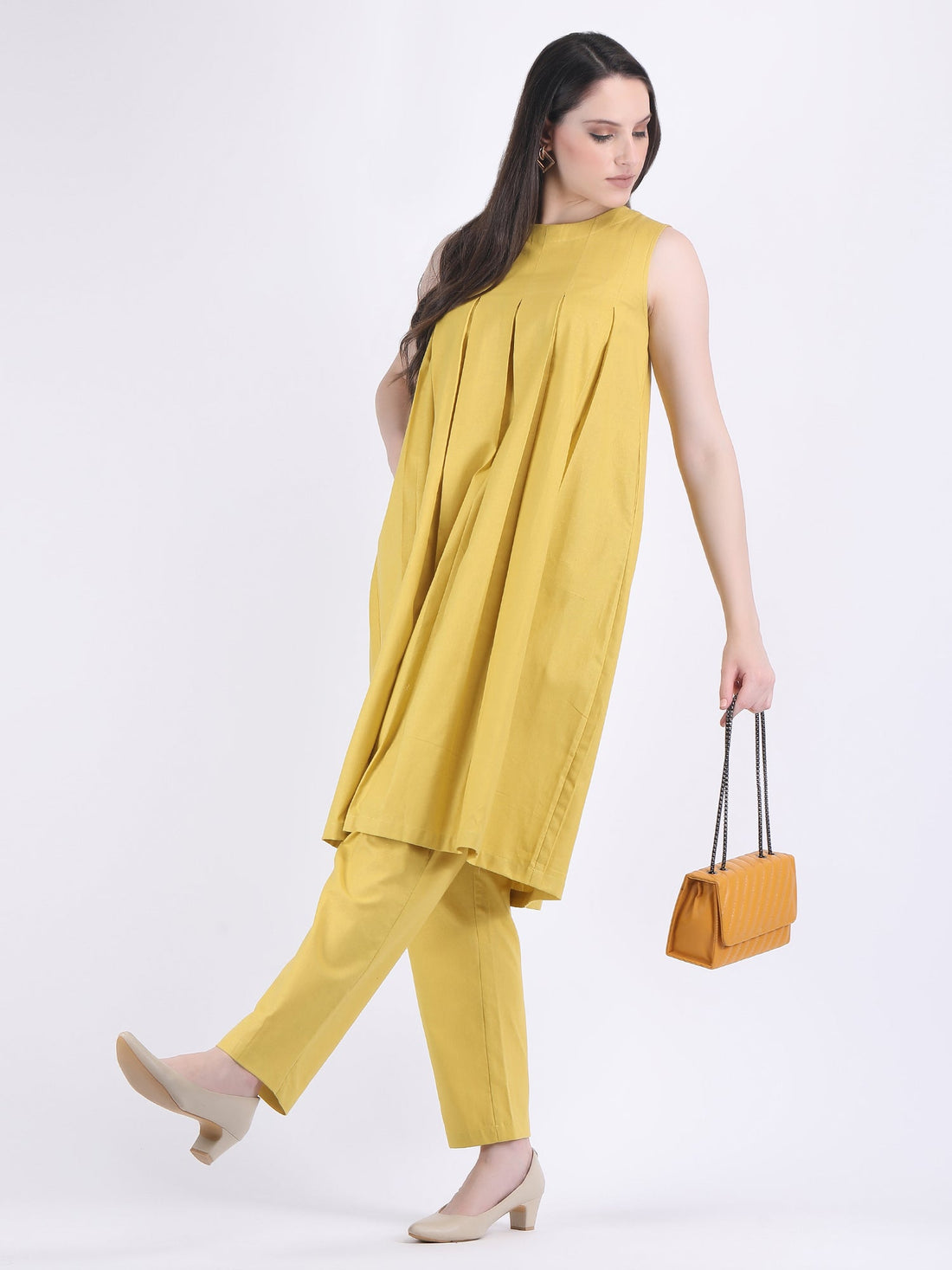 COTTON FLEX COMFORT WEAR BOX PLEATED DRESS CUM KURTA SET WITH STRAIGHT PANTS IN LEMON CURRY