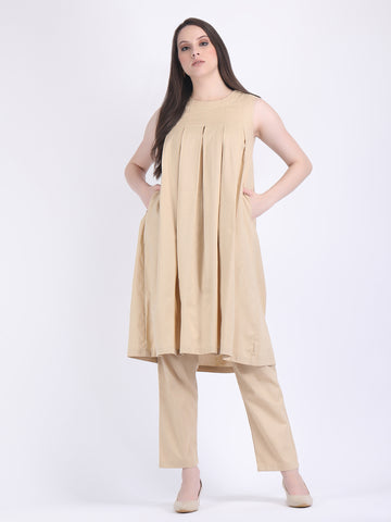 COTTON FLEX COMFORT WEAR BOX PLEATED DRESS CUM KURTA SET WITH STRAIGHT PANTS IN LIGHT FAWN