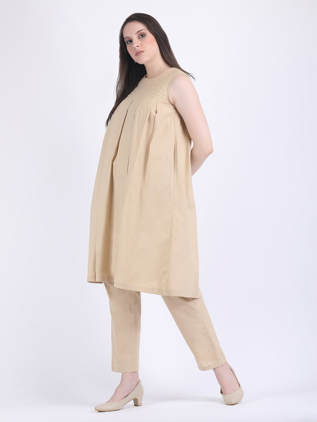 COTTON FLEX COMFORT WEAR BOX PLEATED DRESS CUM KURTA SET WITH STRAIGHT PANTS IN LIGHT FAWN