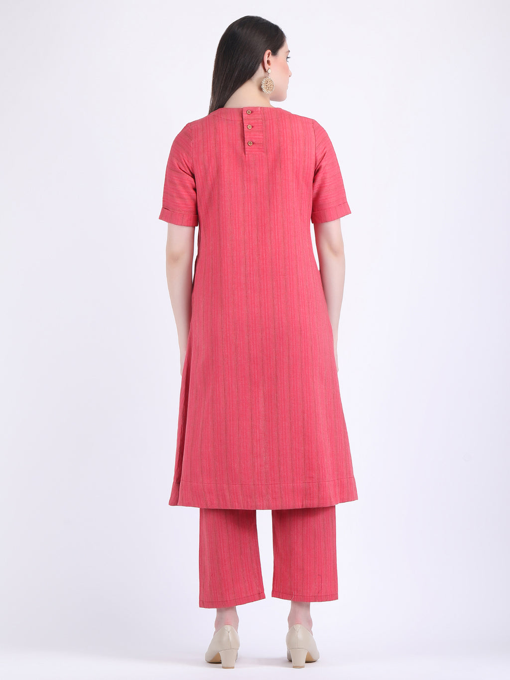 COTTON SELF STRIPED A LINE KURTA SET RASPBERRY WINE
