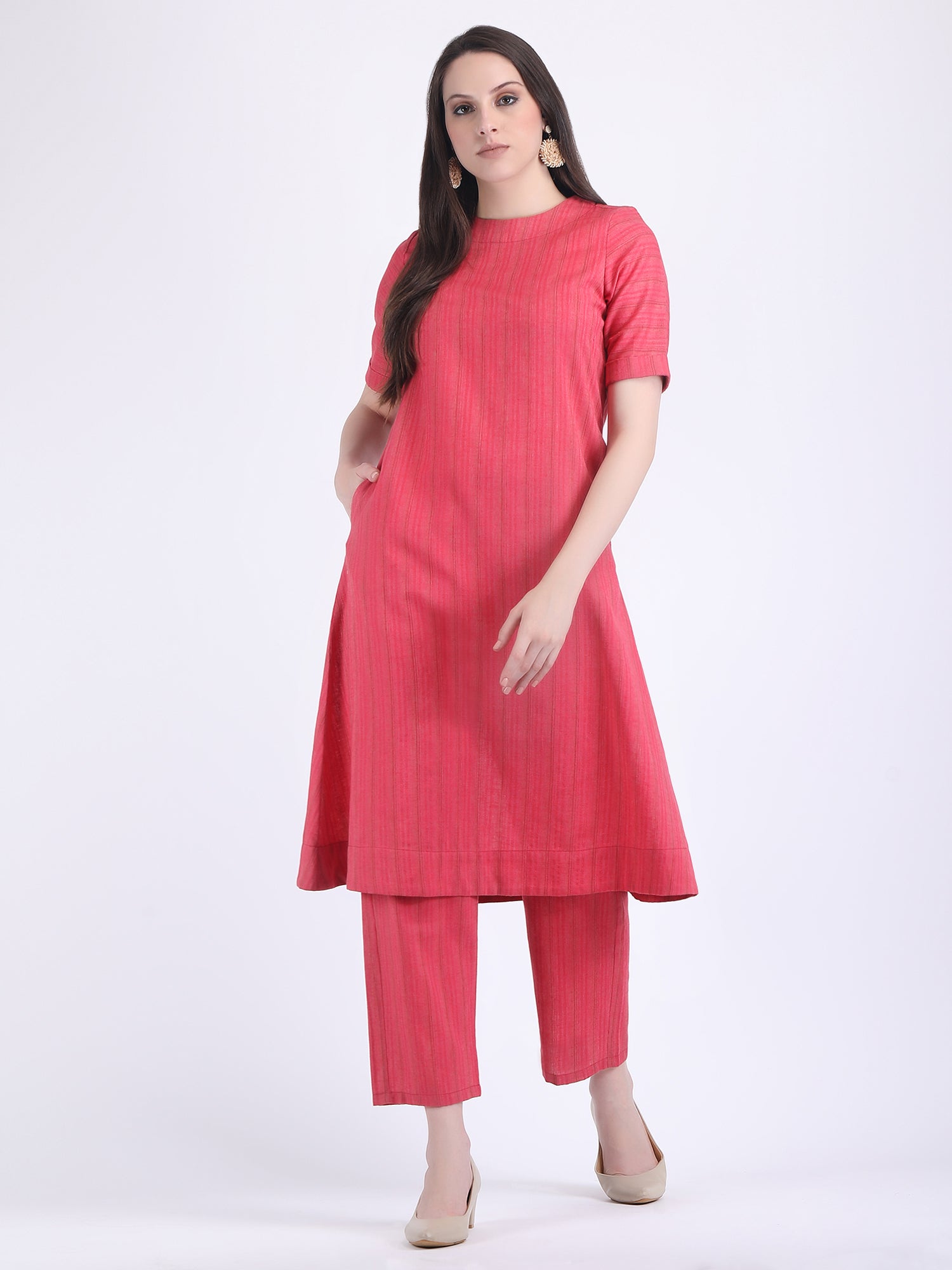 COTTON SELF STRIPED A LINE KURTA SET RASPBERRY WINE