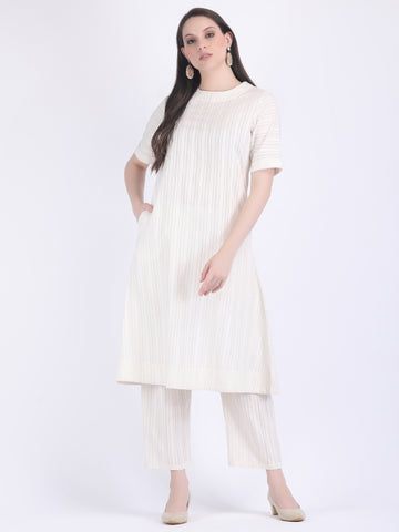 COTTON SELF STRIPED A LINE KURTA SET SEED PEARL