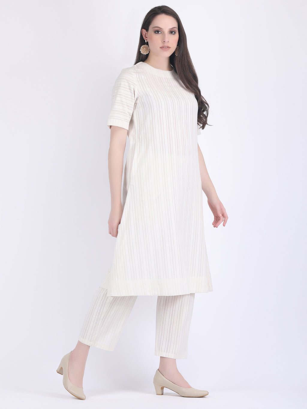 COTTON SELF STRIPED A LINE KURTA SET SEED PEARL