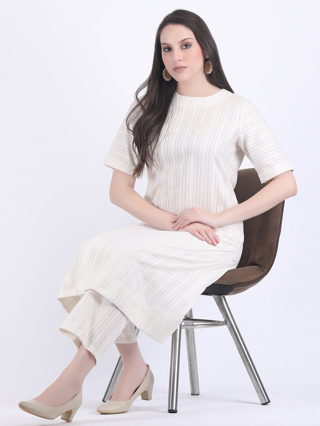COTTON SELF STRIPED A LINE KURTA SET SEED PEARL