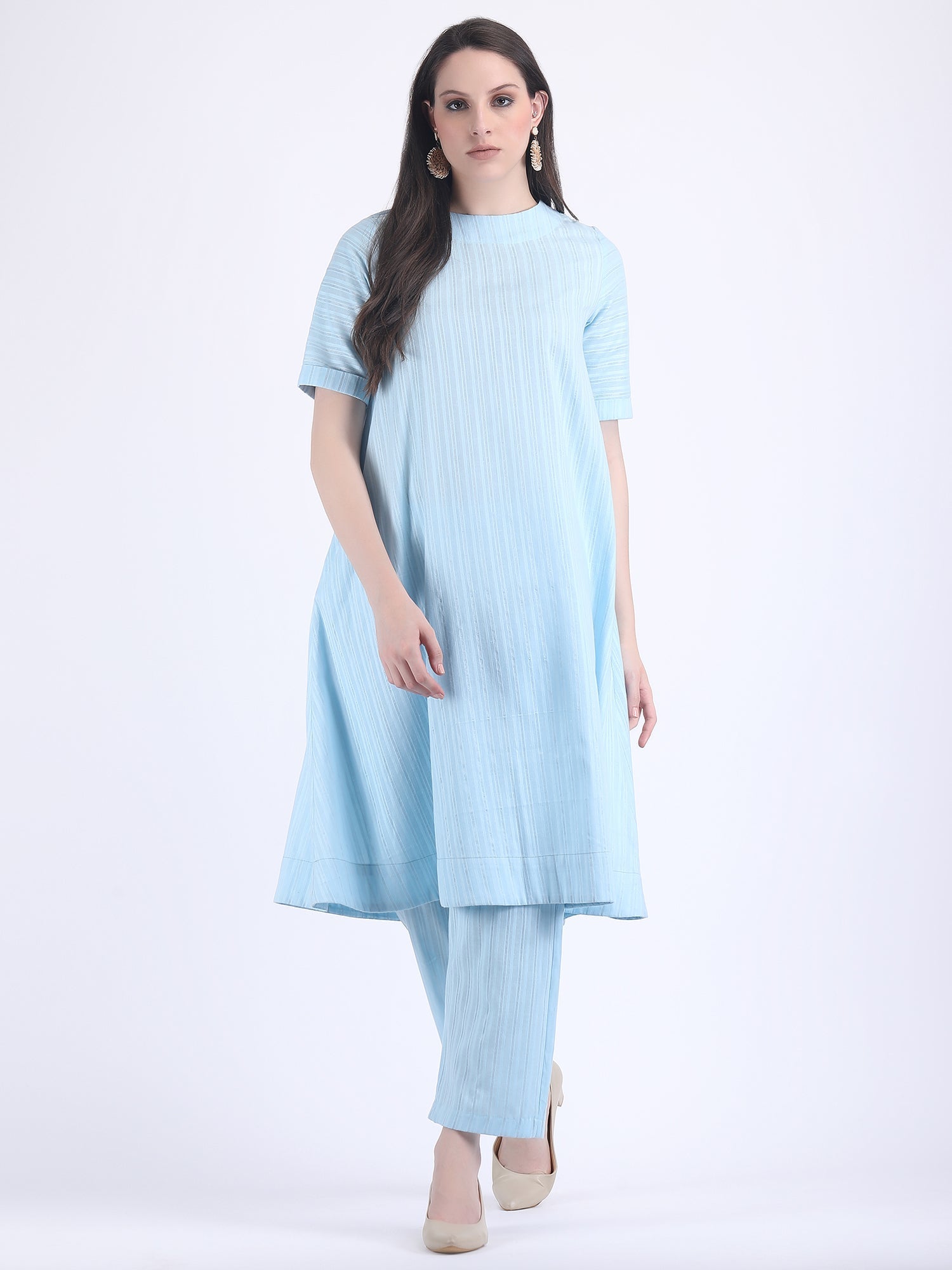 COTTON SELF STRIPED A LINE KURTA SET SILVER BLUE