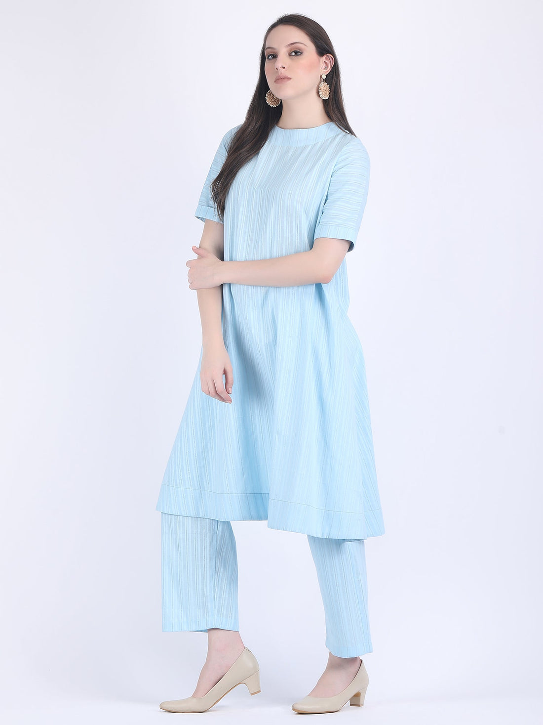 COTTON SELF STRIPED A LINE KURTA SET SILVER BLUE