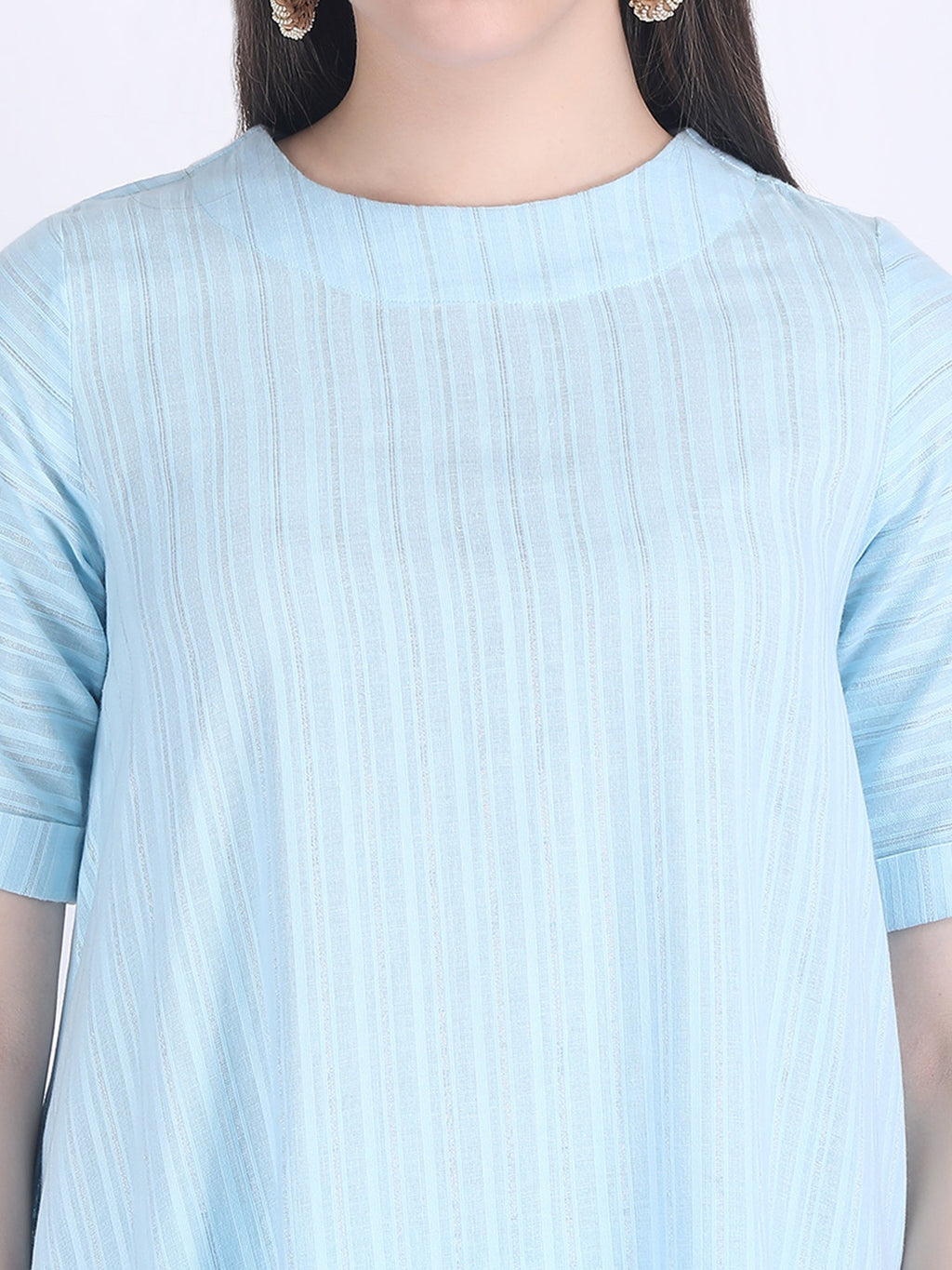 COTTON SELF STRIPED A LINE KURTA SET SILVER BLUE