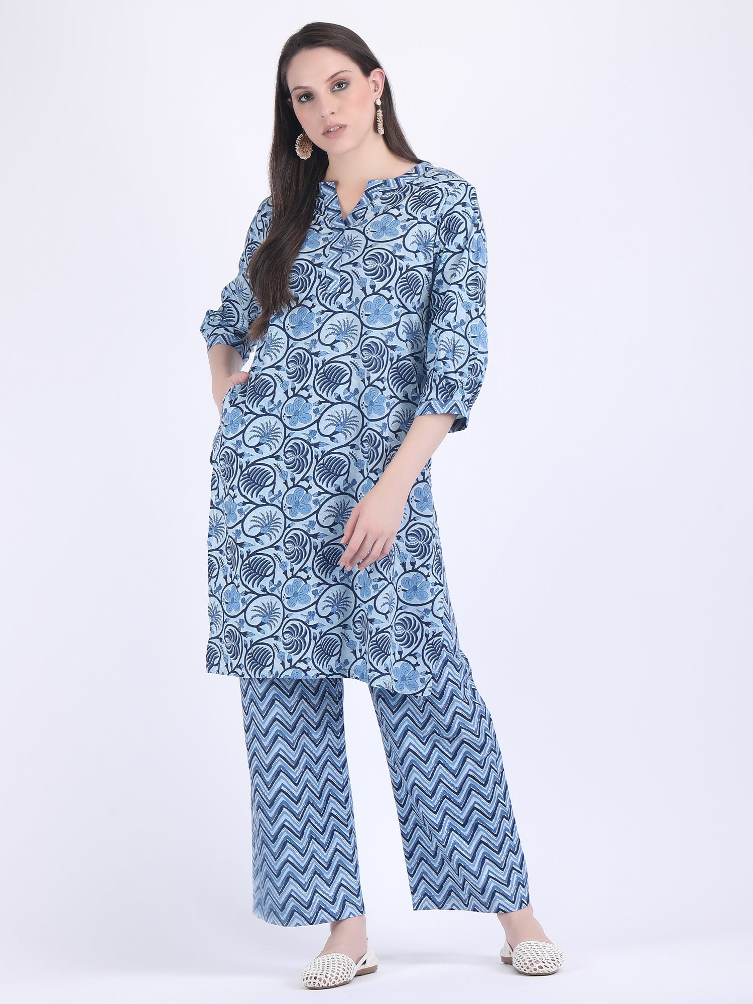 COTTON SANGANERI PRINT COMFORT WEAR SET IN INDIGO BLUE