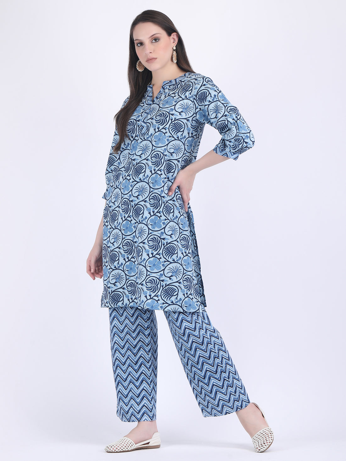 COTTON SANGANERI PRINT COMFORT WEAR SET IN INDIGO BLUE