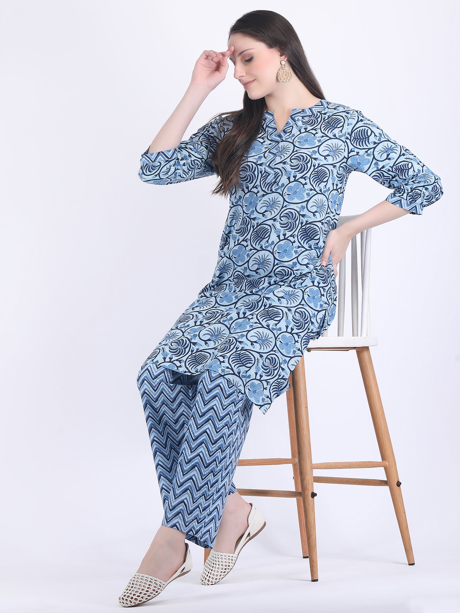 COTTON SANGANERI PRINT COMFORT WEAR SET IN INDIGO BLUE