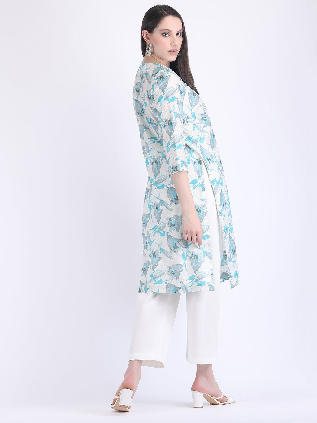 COTTON CHANDERI COMFORT WEAR KURTA SET WITH PEARL LACE TULIP BLUE