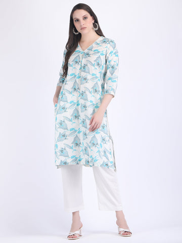 COTTON CHANDERI COMFORT WEAR KURTA SET WITH PEARL LACE TULIP BLUE