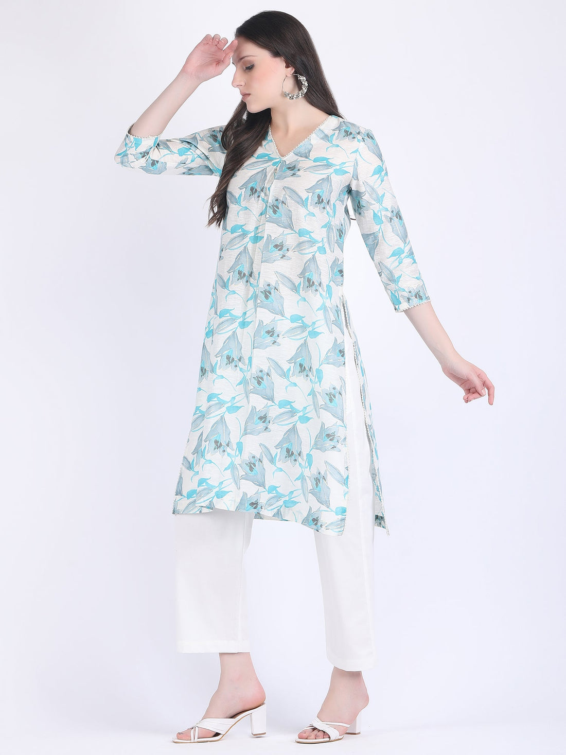 COTTON CHANDERI COMFORT WEAR KURTA SET WITH PEARL LACE TULIP BLUE