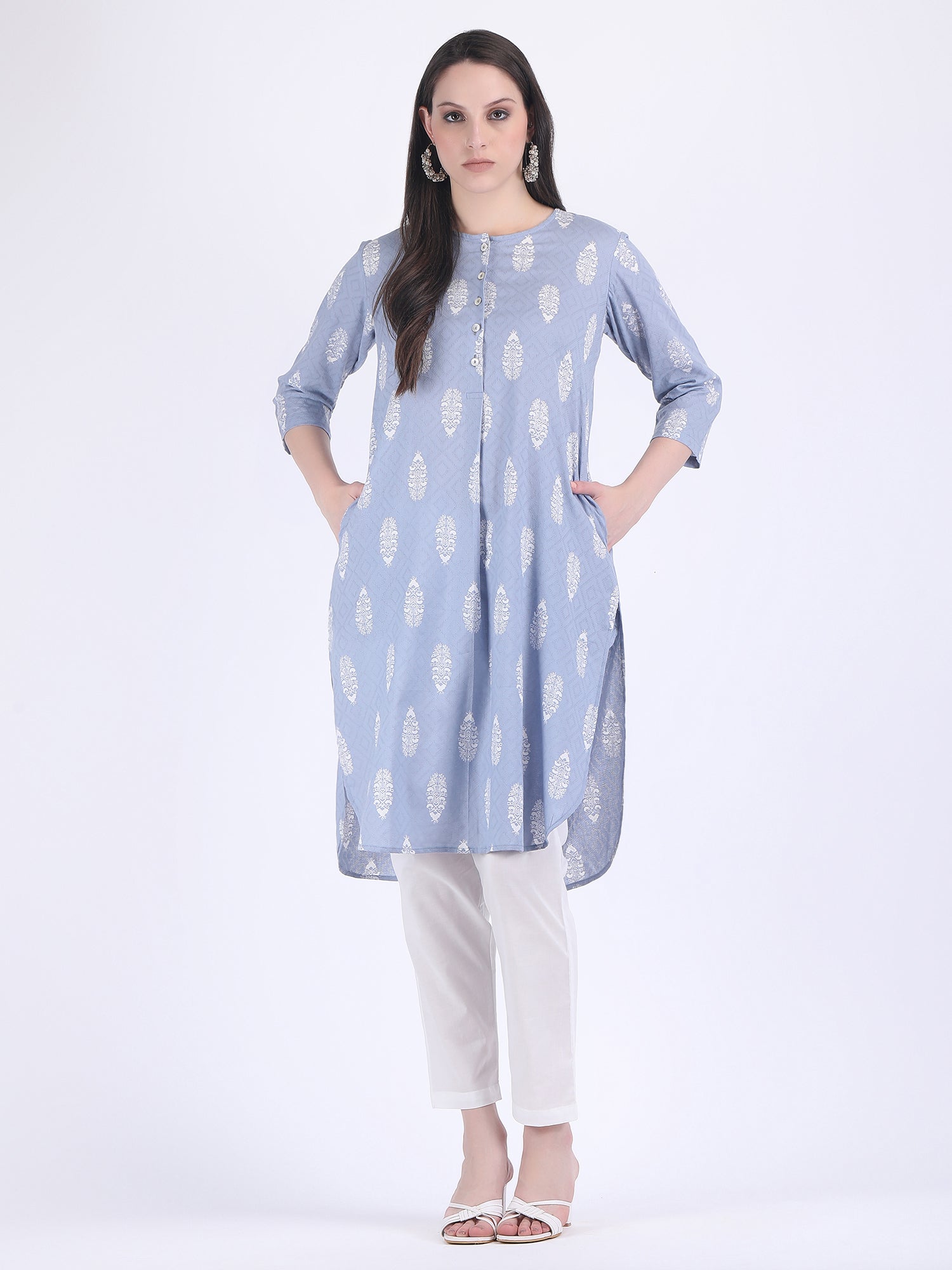 COTTON SELF WOVEN CHOGA KURTA SET AQUA