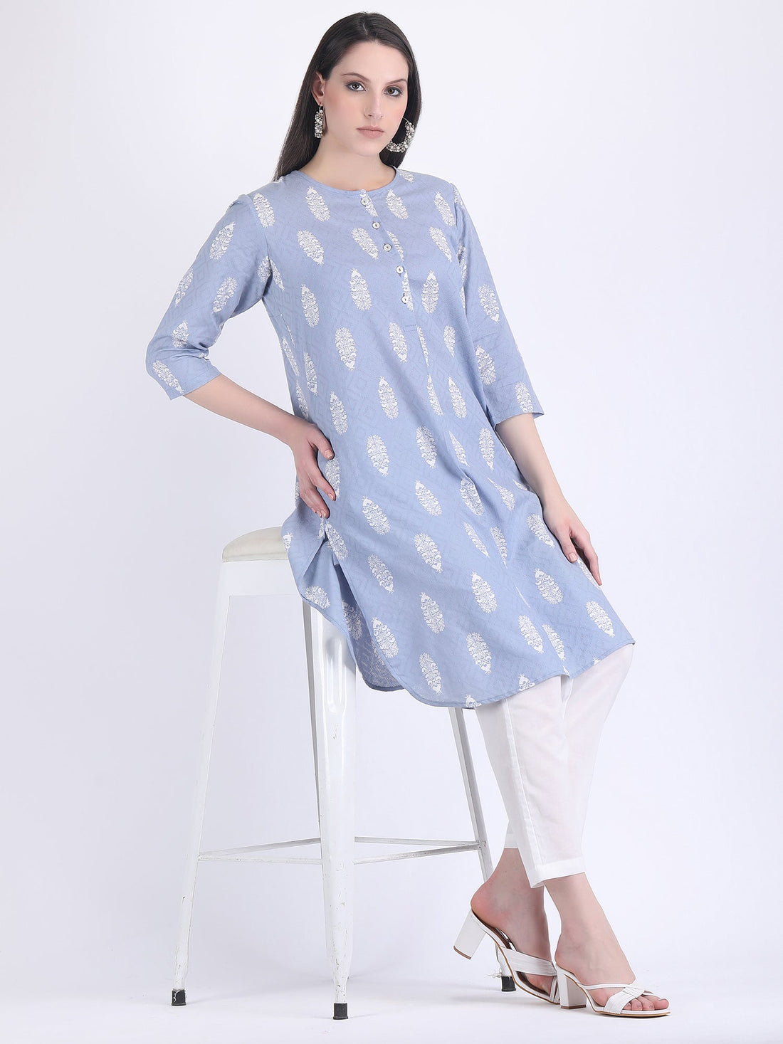 COTTON SELF WOVEN CHOGA KURTA SET AQUA