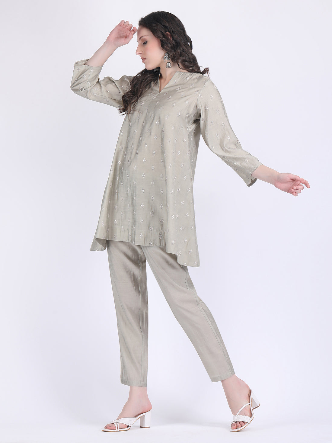 MUSLIN VISCOSE COORD SET WITH FLARED TOP EMBROIDERED & PLAIN PENCIL PANTS IN OLIVE