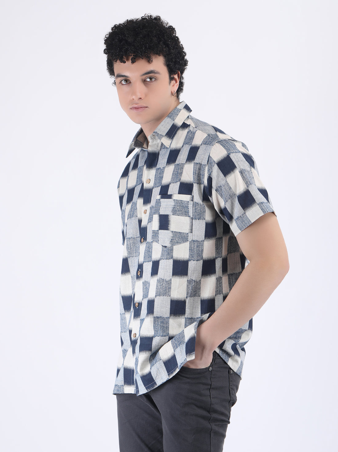 COTTON FLEX CHECK SUMMER SHIRT IN NAVY