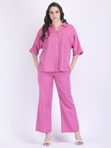 COTTON CHECK COLLARED CHEST POCKETS COORD SET FUSIA