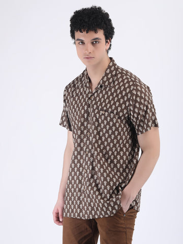 COTTON BLOCK PRINT SUMMER SHIRT IN TIRAMISU